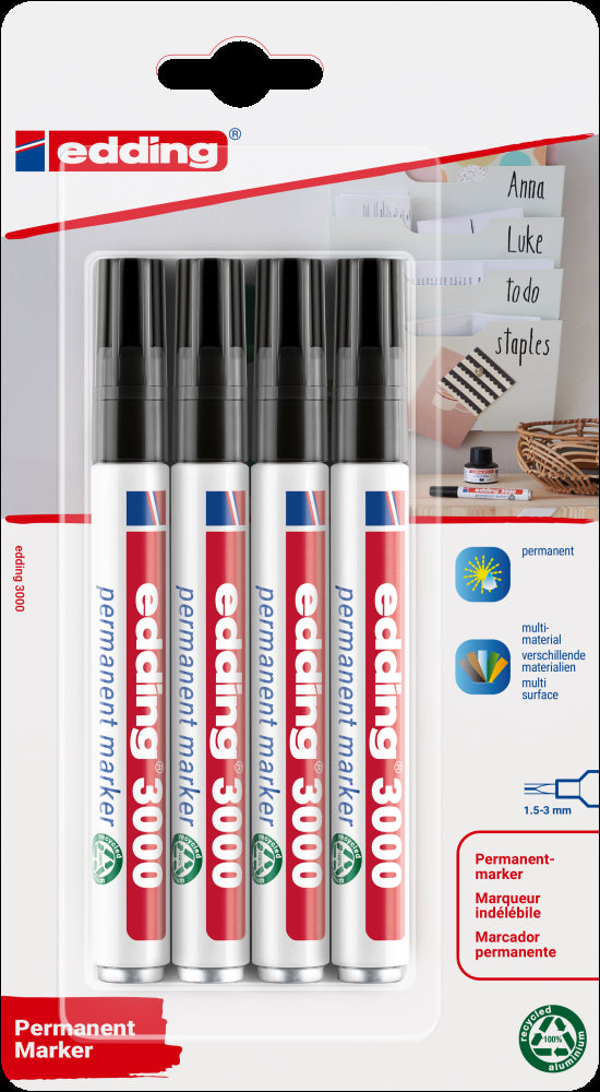 Edding 3000 Permanentmarker – Rundspitze 1,5–3 mm – Schwarz, 4er-Set – für Glas, Metall und Kunststoff