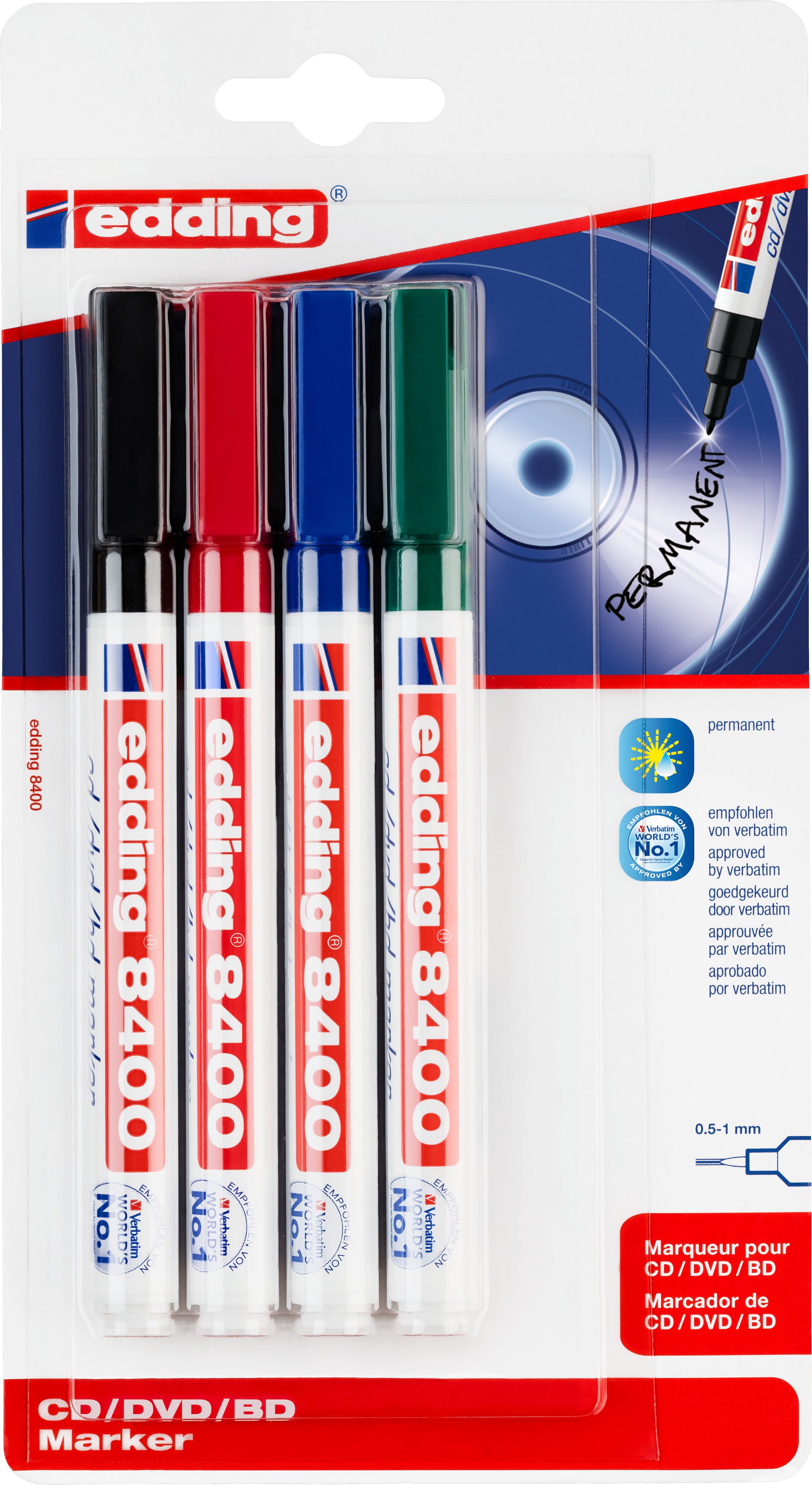 Edding 8400 CD/DVD-Marker – Rundspitze 0,5–1 mm – mehrfarbig, 4er-Set – für CDs, DVDs und Blu-ray-Discs