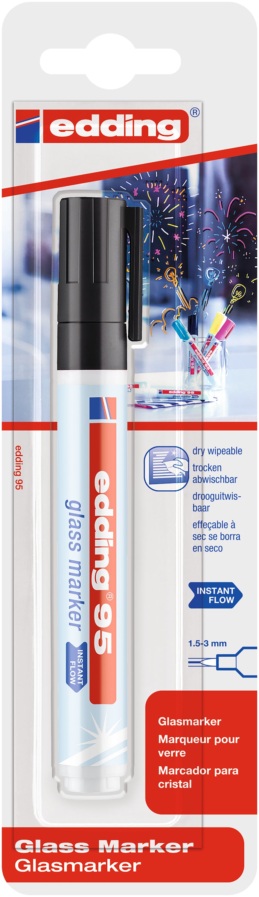 Edding 95 Glasboardmarker – Rundspitze 1,5–3 mm, Schwarz, trocken abwischbar – für Glas & Whiteboards
