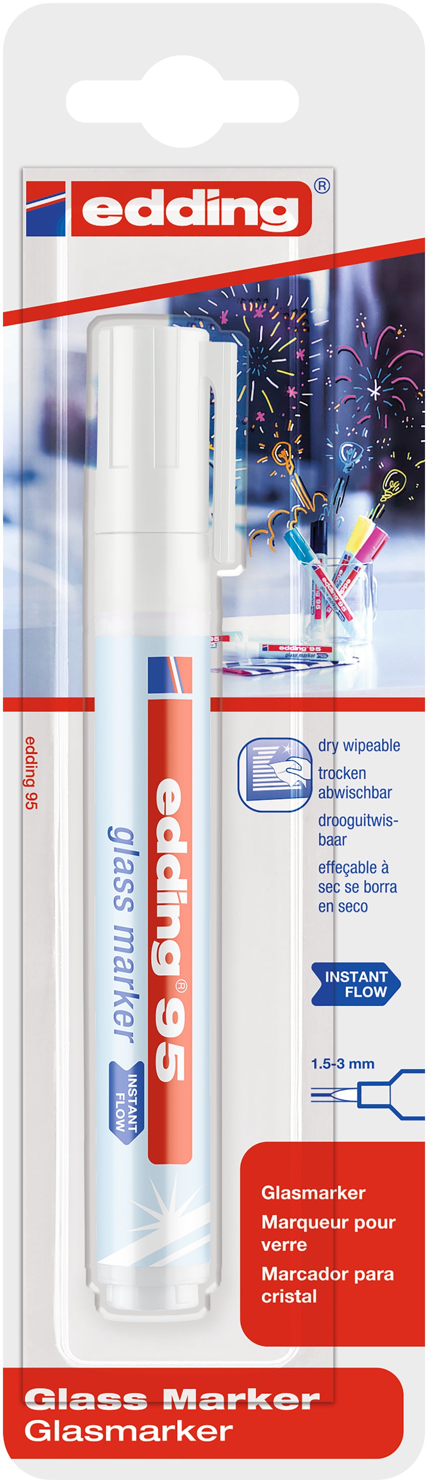 Edding E95 Glasboardmarker – Rundspitze 1,5–3 mm, Weiss, trocken abwischbar, deckend – für Glas & Whiteboards