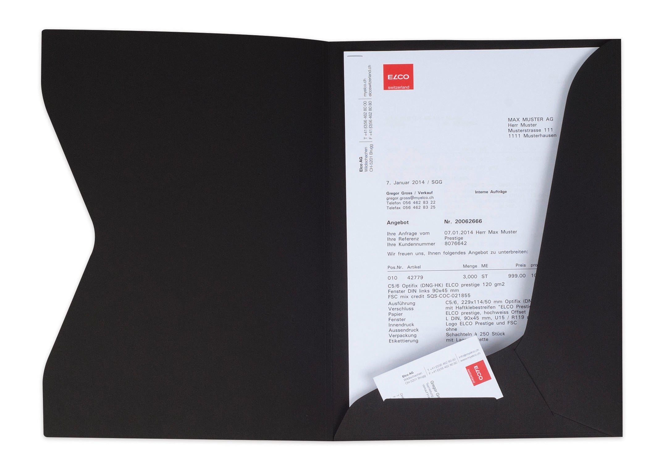 Elco Dokumentenmappe Prestige, für A4 – Karton 270 g/m² – Schwarz, 10er-Pack