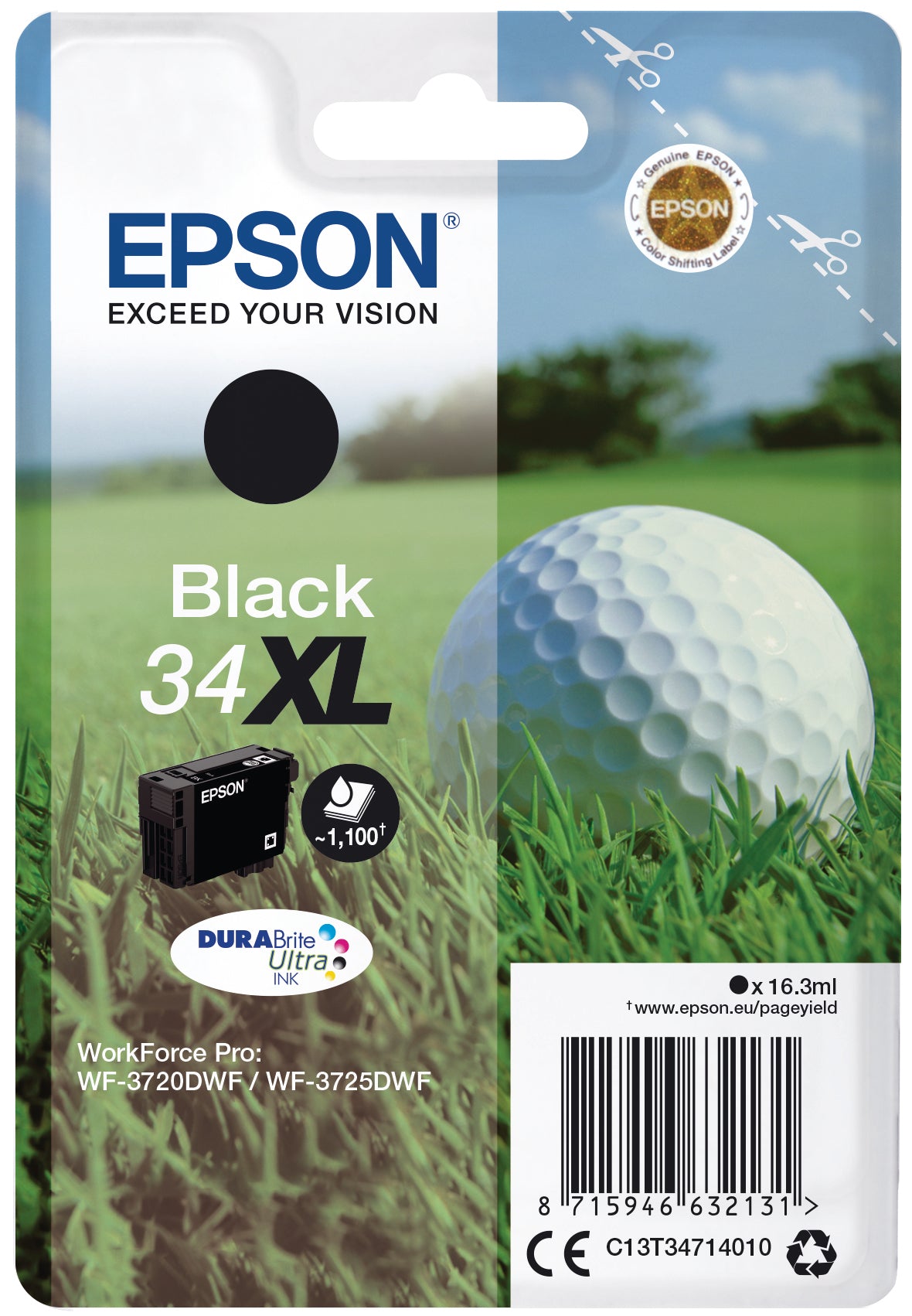 Epson 34XL Schwarz Tintenpatrone (Original) – 1'100 Seiten – für Epson WorkForce Pro WF-3725DWF/3720DWF