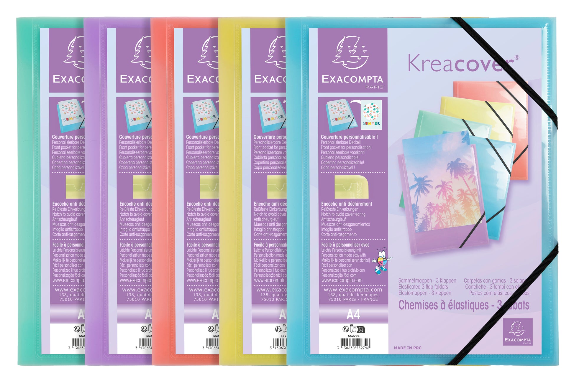 Exacompta Gummibandmappe Aquarel A4 – 3 Klappen, Gummiband, Polypropylen (PP), mehrfarbig, bis 250 Blatt