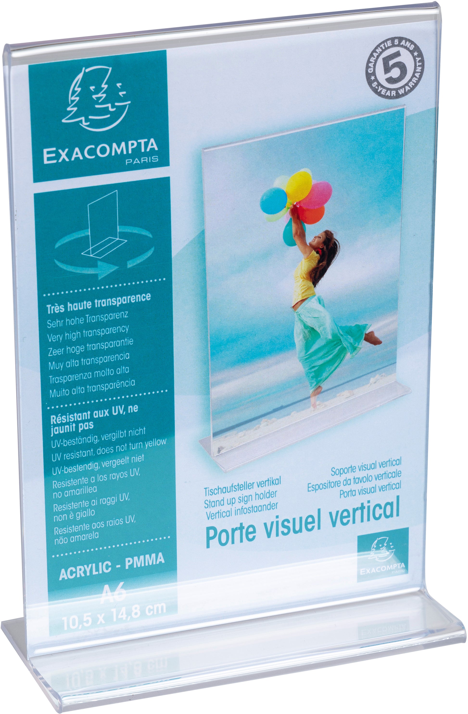 Exacompta Tischaufsteller T-Form – für A6 – 1 Fach – Hochformat – Transparent – 48×155×105 mm