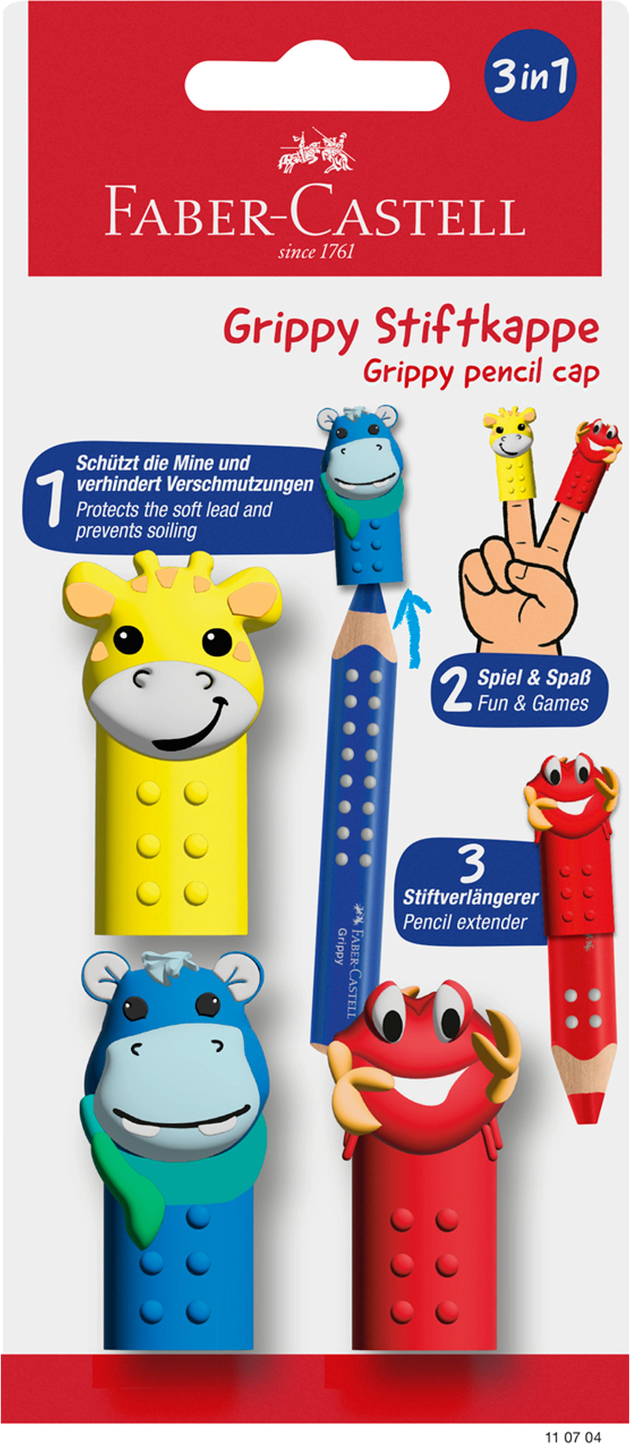 Faber-Castell Grippy Stiftkappen, Hello, Set à 3, Mehrfarbig