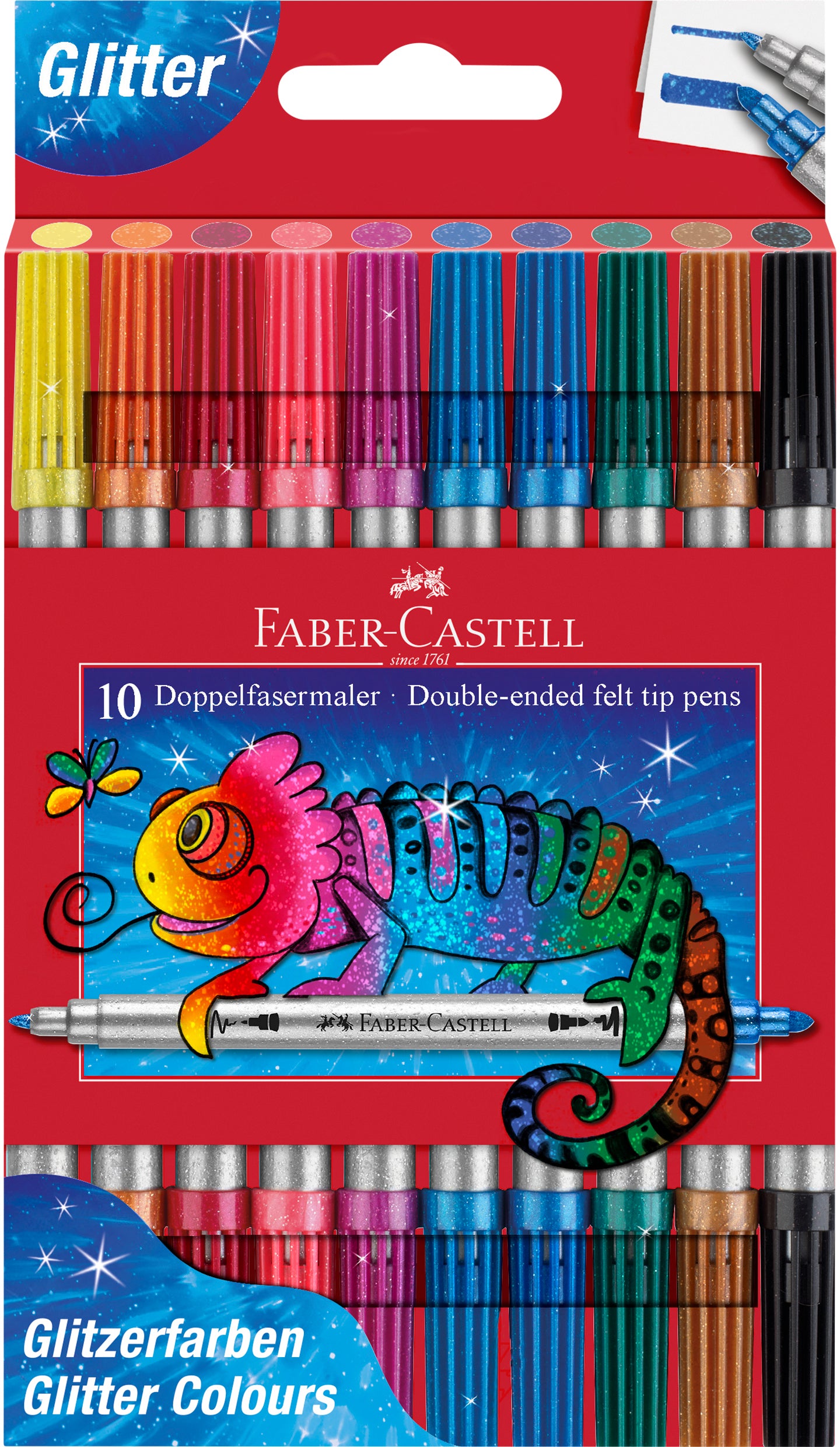 Faber-Castell Glitzer-Filzstifte, Doppelspitze – Keil/Rund, 3–5 mm + 1 mm, Auswaschbar, 10er Set