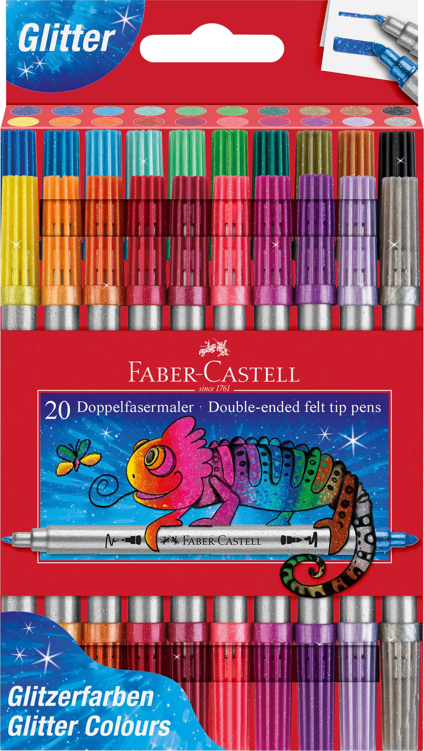 Faber-Castell Filzstifte Glitzer, Doppelspitze – 3–5 mm + 1 mm, auswaschbar, 20er Etui