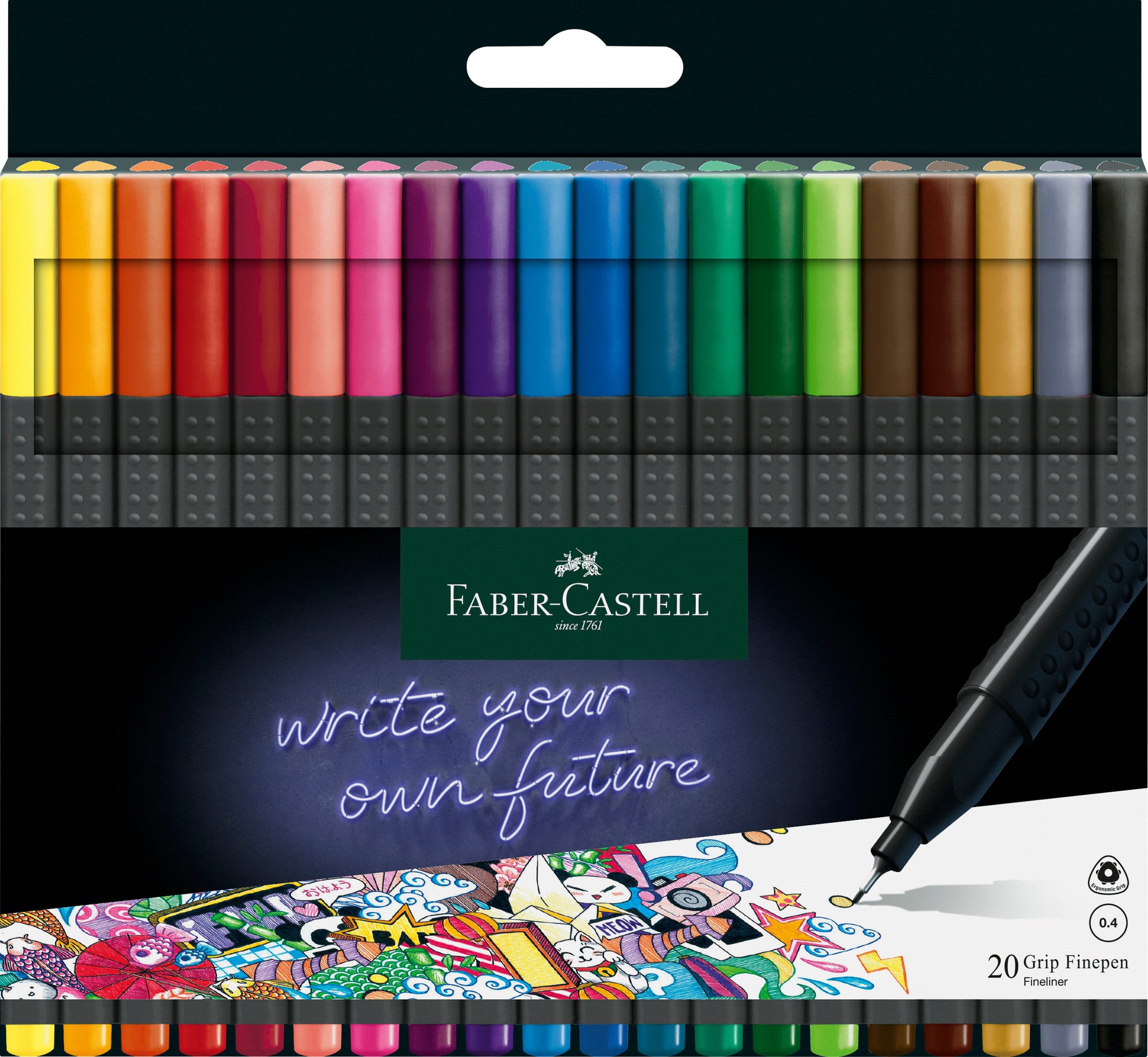 Faber-Castell Grip Fineliner Etui – 20 Stk., 0,4 mm, sortiert