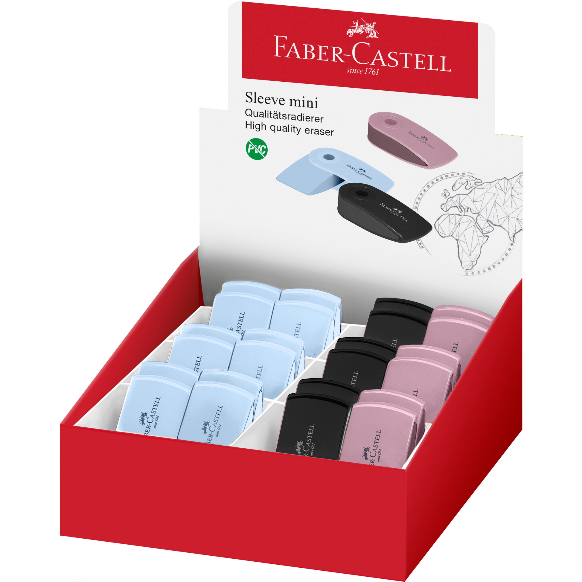 Faber-Castell Radiergummi Sleeve Mini – PVC-frei, schmierfrei, 55 × 10 × 10 mm, farbig sortiert