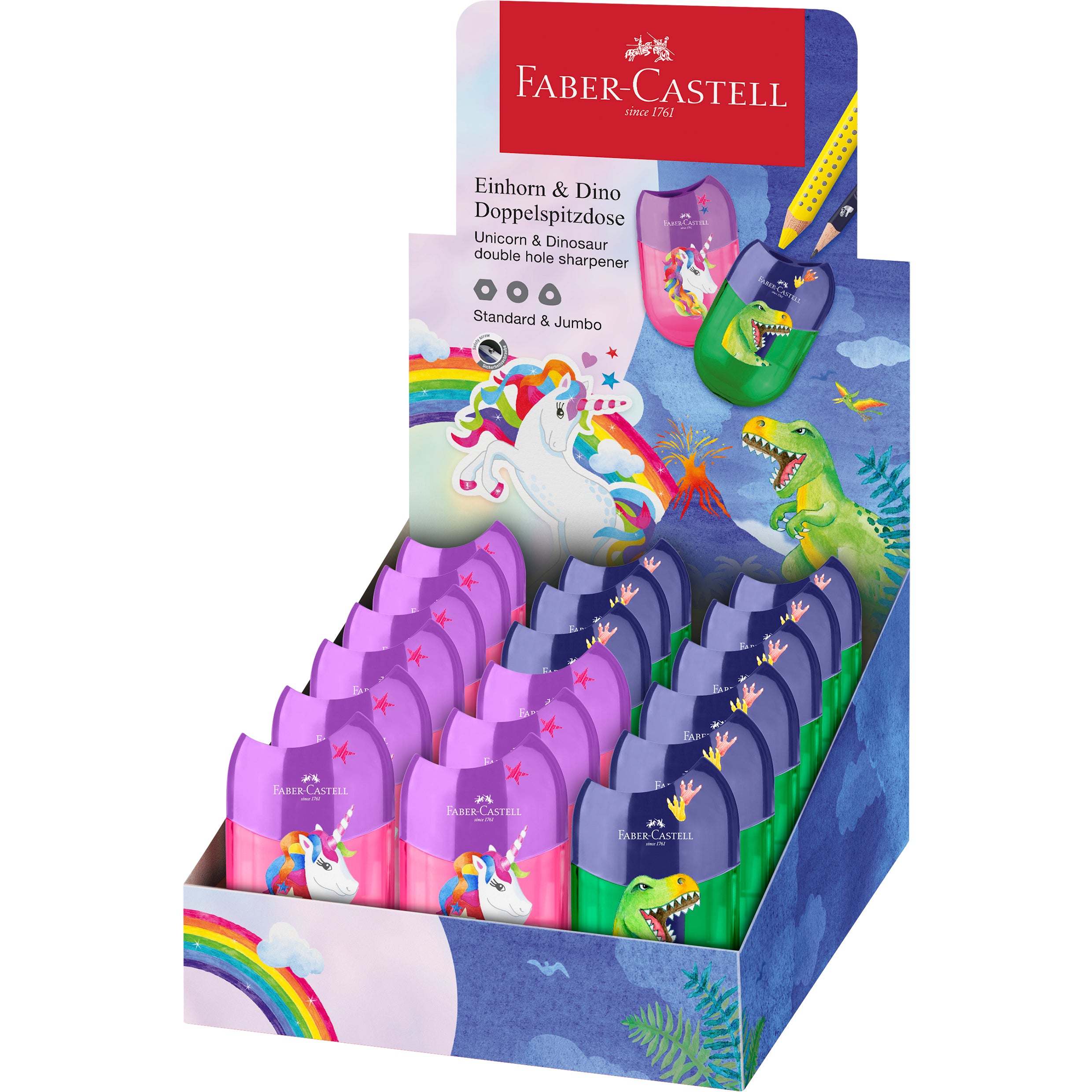 Faber-Castell Doppel-Spitzdose – für Blei- und Farbstifte – farbig sortiert – mit Radierer – 18er Display