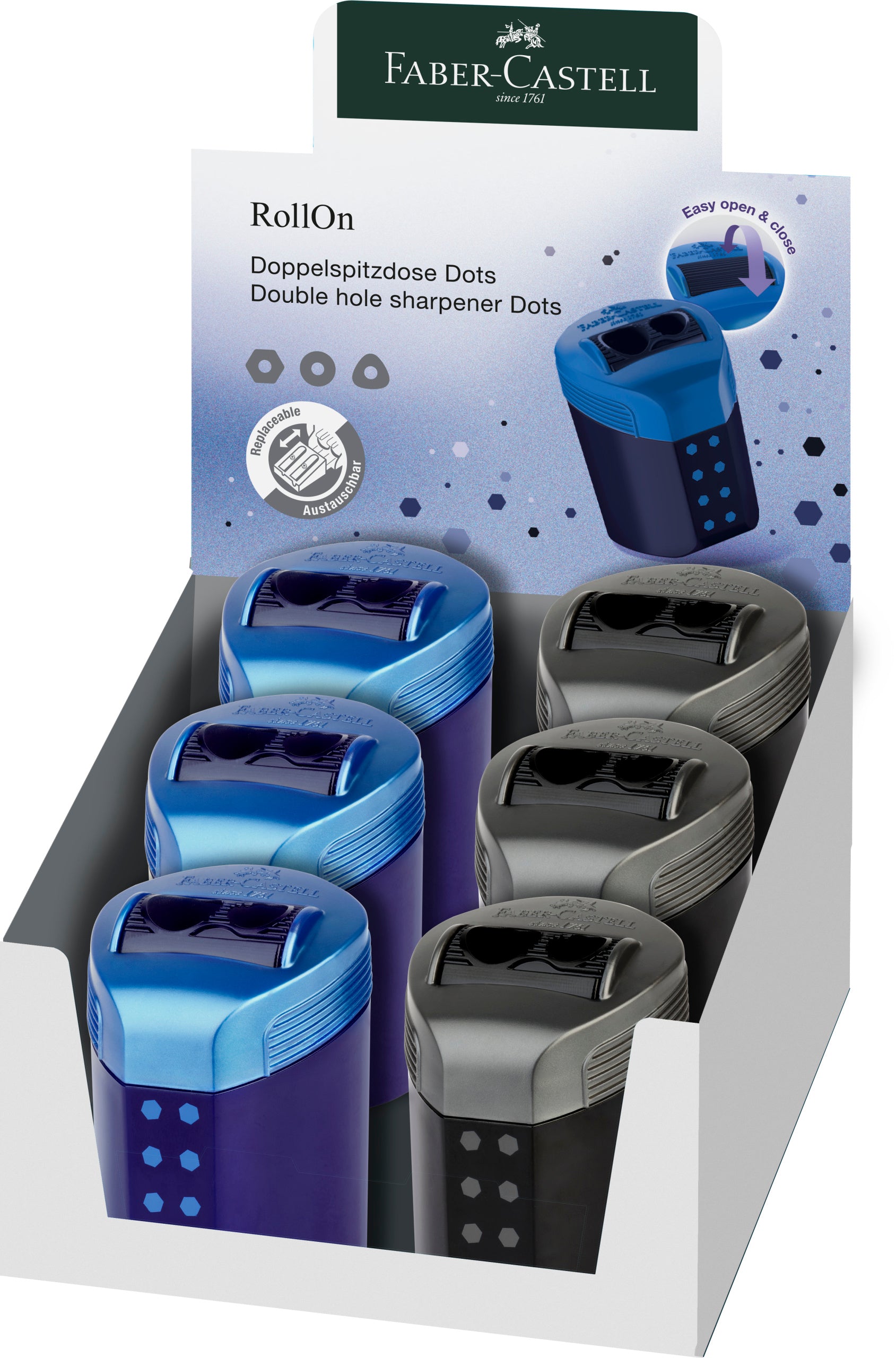 Faber-Castell RollOn Dots Doppel-Spitzdose – für Standard- & Jumbo-Buntstifte, Bleistifte – 2er Pack