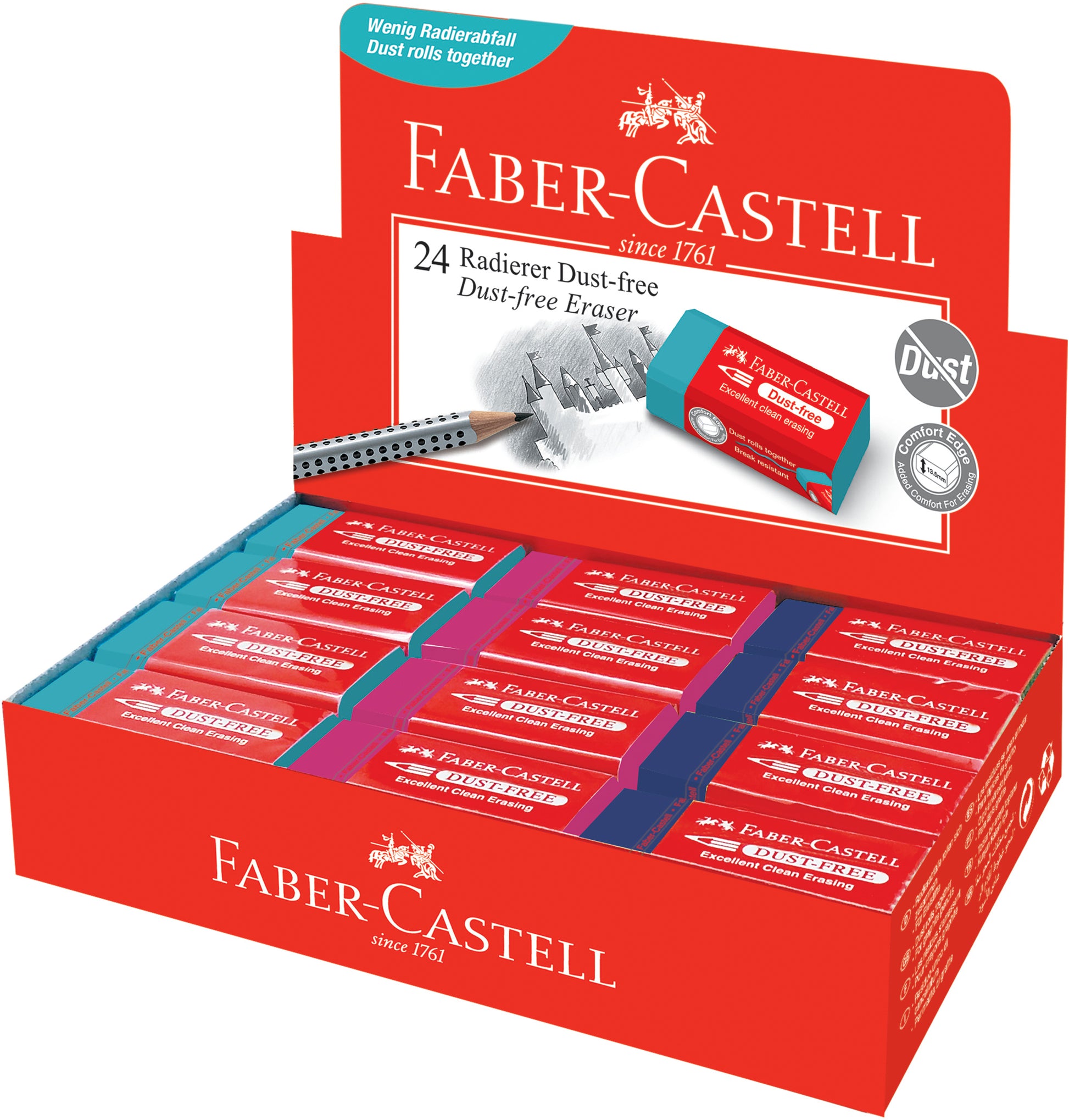 Faber-Castell Radiergummi Trend Dust-Free 187221 – PVC-frei, schmierfrei, staubarm, farbig sortiert, 3 Stk.