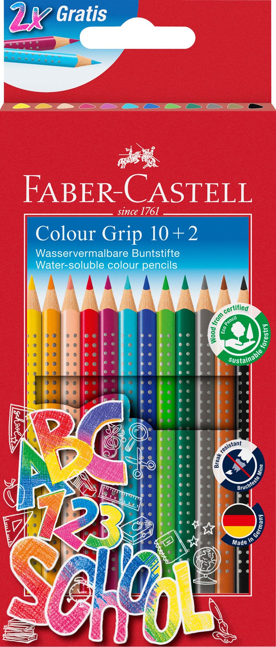 Faber-Castell Buntstifte Colour Grip – Aquarell, Dreikant, Minen-Ø 3,0 mm, 12 Farben