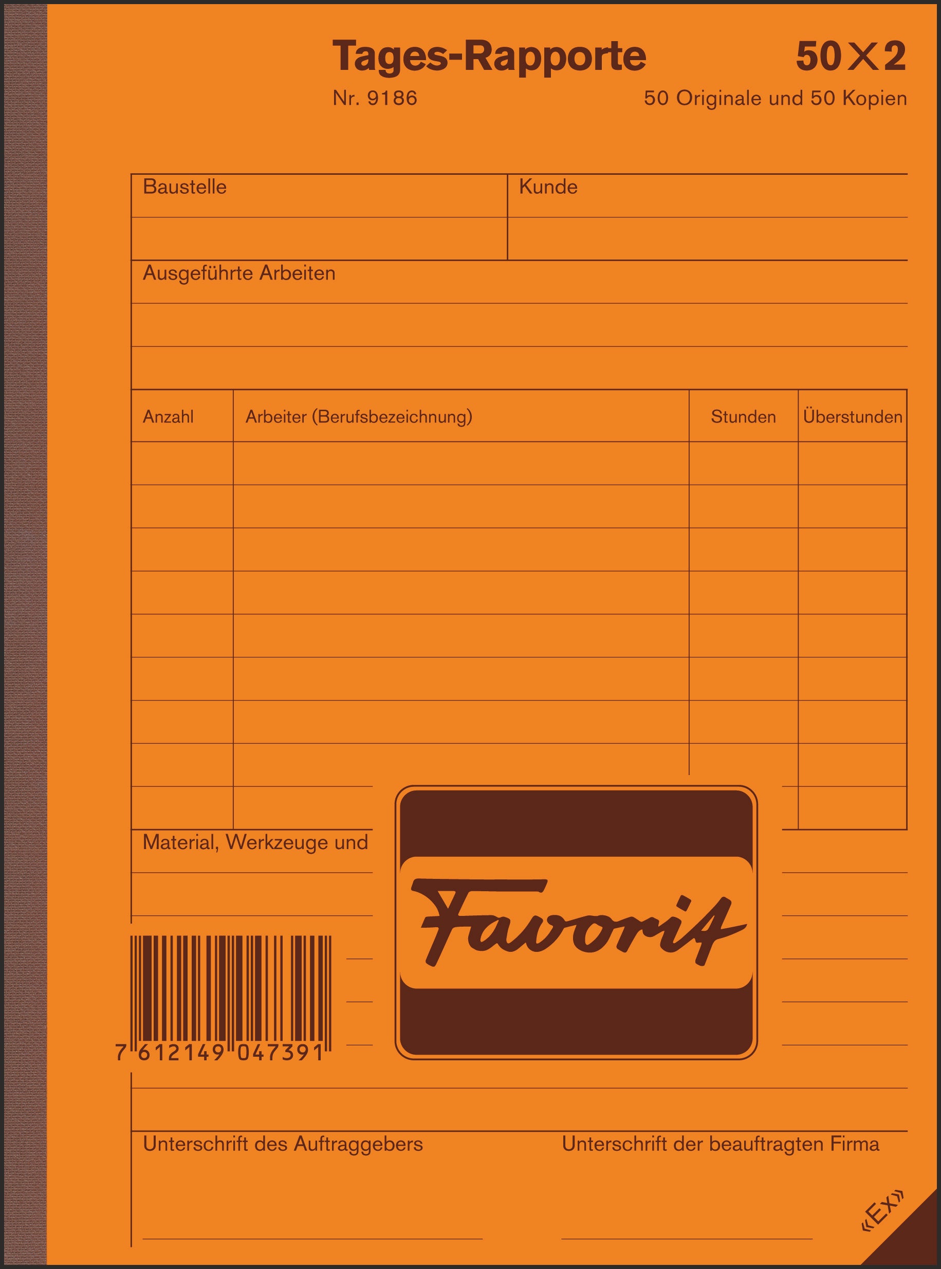 Favorit Tages-Rapport – A5 – Kohlepapier – 50 Sätze, 2-fach, mit Überstunden-Kolonne
