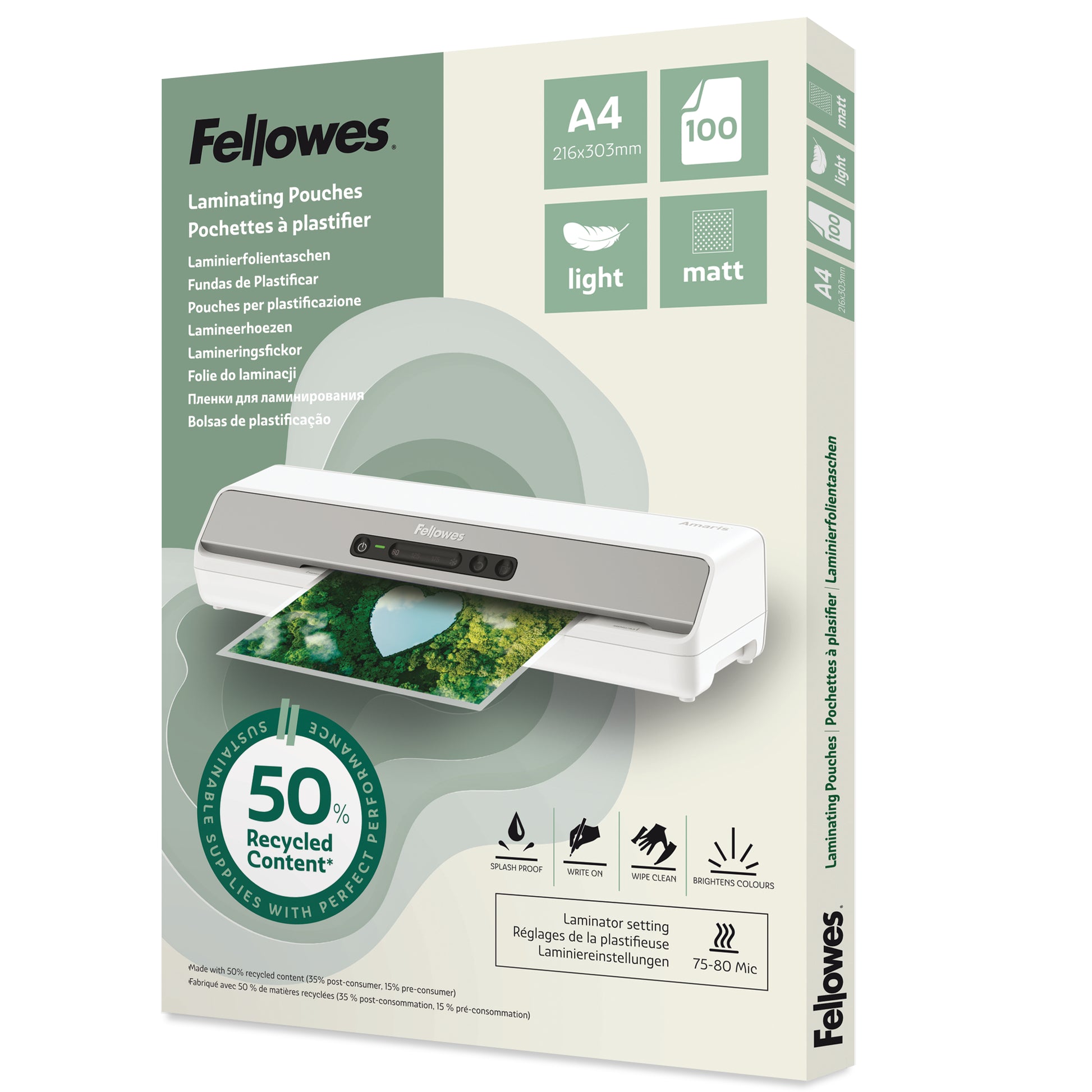 Fellowes Laminierfolien A4 – 80 µm, matt, 100 Stück