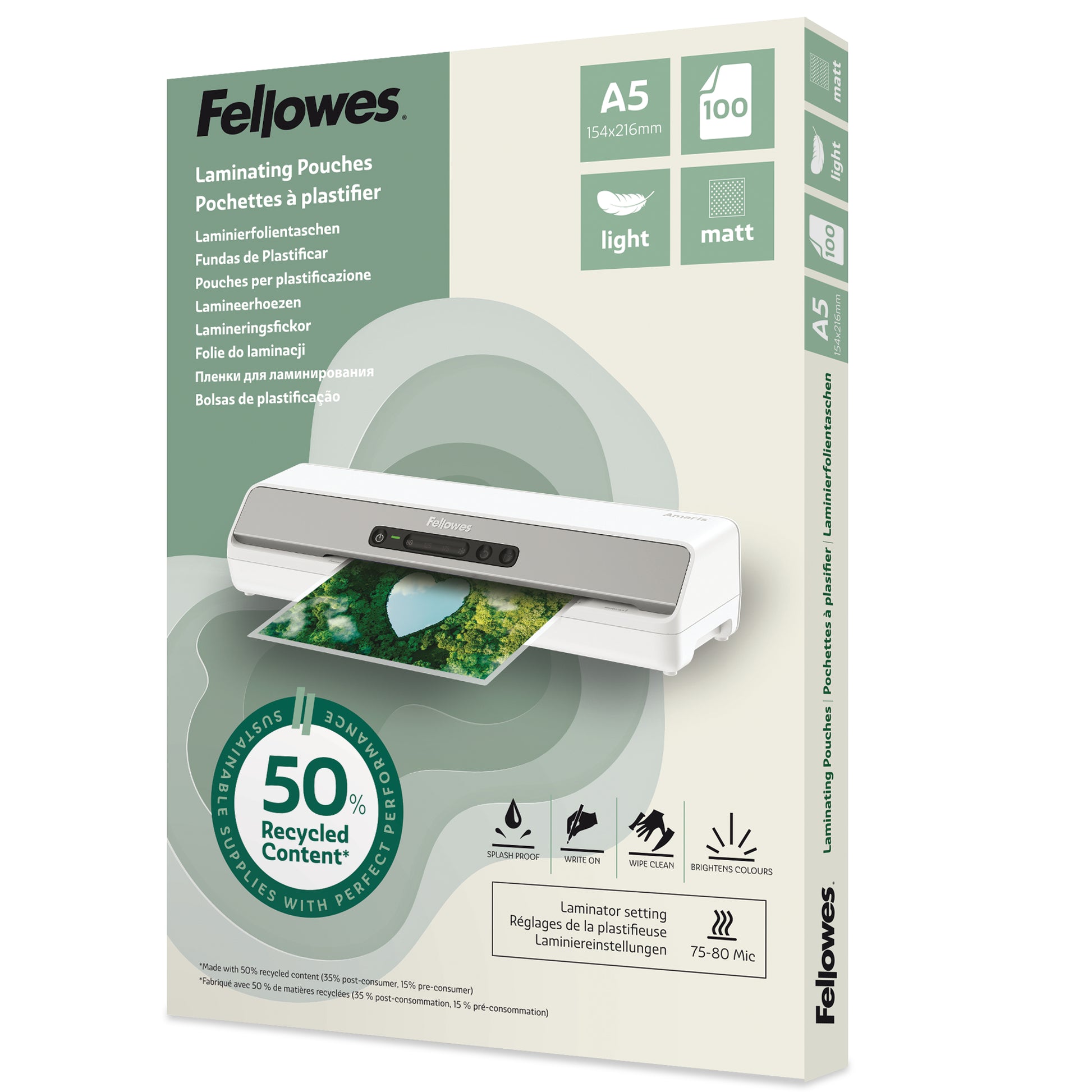 Fellowes Laminierfolien A5 – 80 µm, matt, 100 Stück