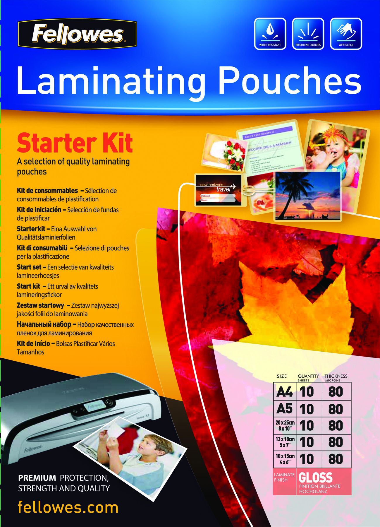 Fellowes Laminierfolien A4, A5, 200×250 mm, 130×180 mm, 100×150 mm – 80 µm, glänzend, 50 Stück