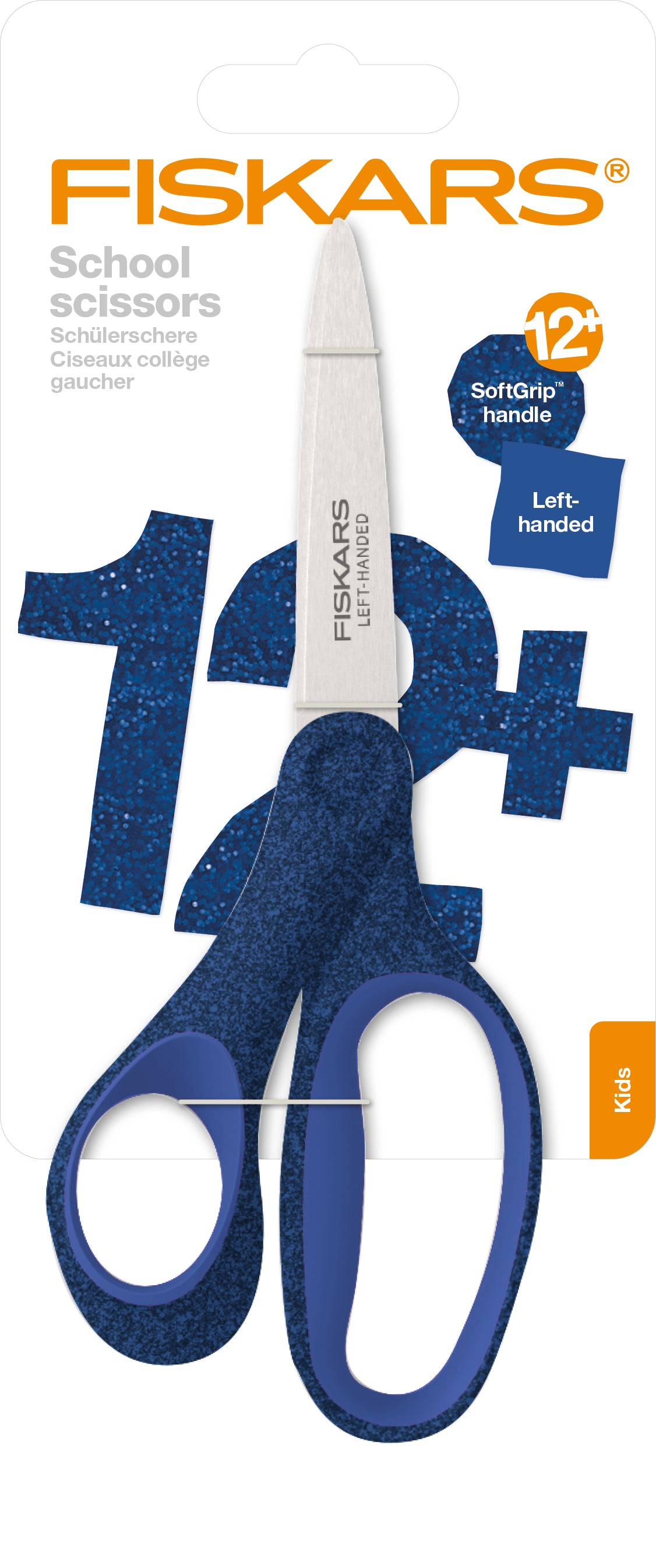 Fiskars Kinderschere 21,0 cm, spitz, für Linkshänder – Softgrip, glitzernd – Blau