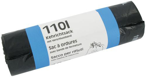 Flexiplast Kehrichtsack R-Logo – 110 l, mit Zugband, 28 µm, 195 × 65 × 285 mm, 5 Rollen à 10 Stk