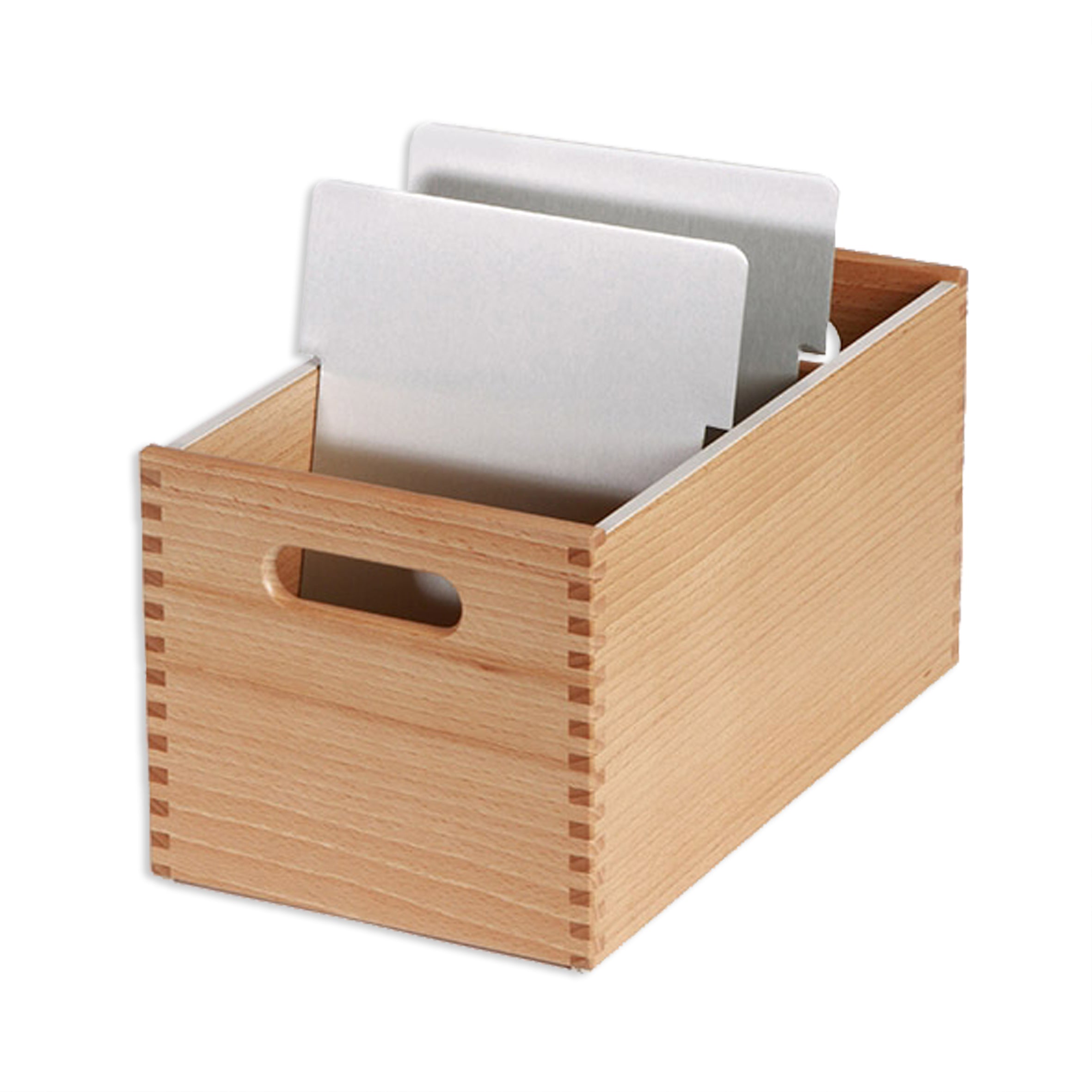 Flück Karteikasten – für A5 hoch – mit 2 Aluminium-Schwingplatten, Holz (Buche)