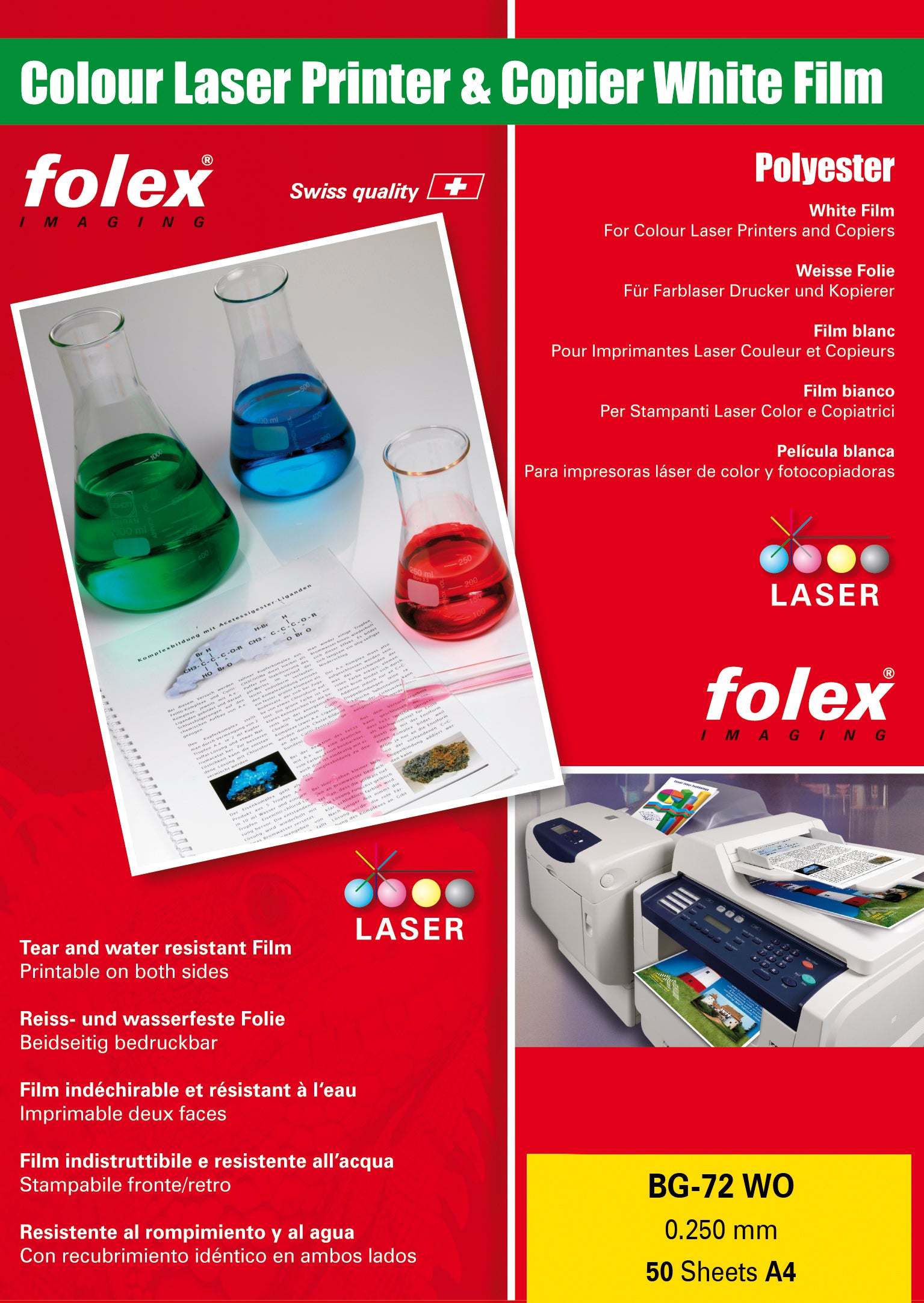 Folex Polyesterfolie BG-72 WO Weiss opak – glänzend, A4, 250 µm, Laser/Kopierer, 50 Blatt
