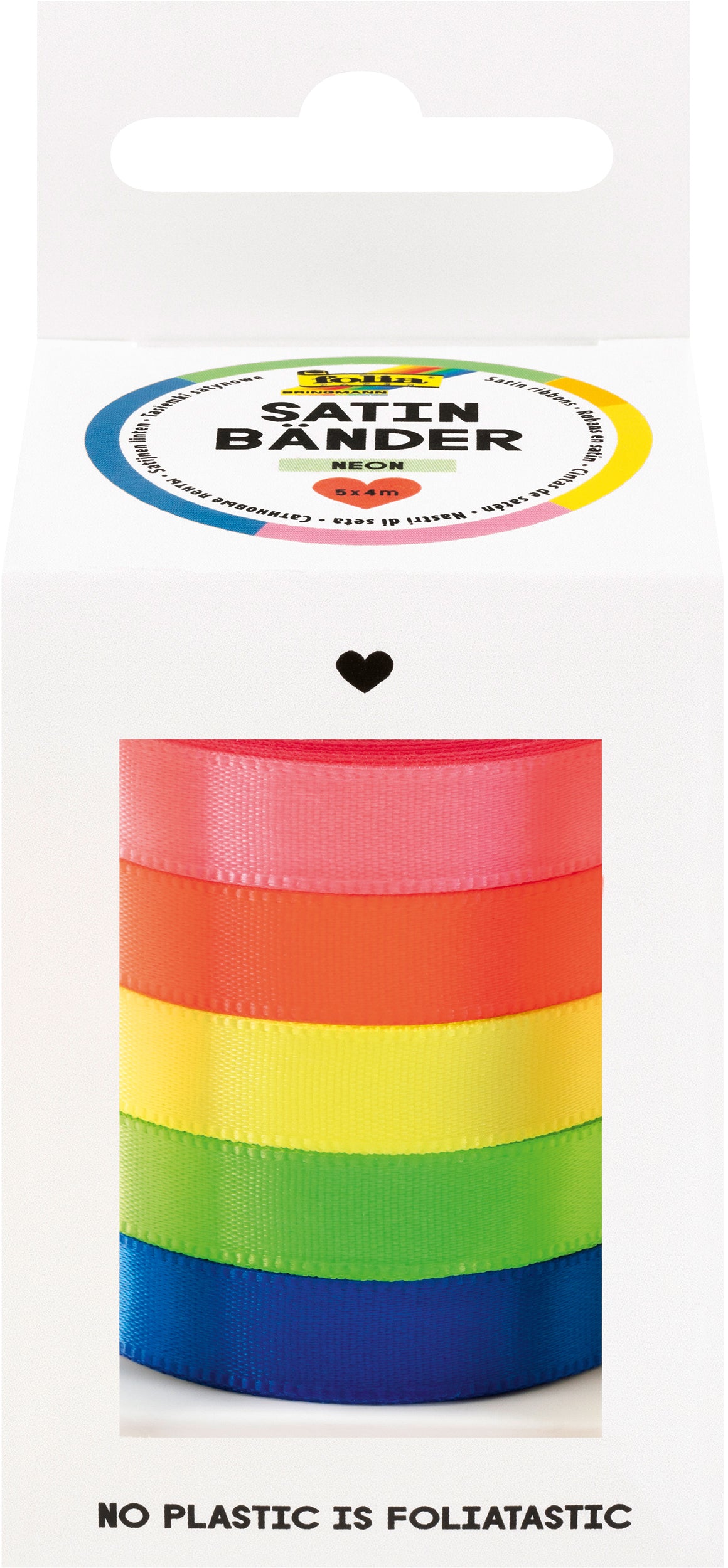 Folia Satinbänder, NEON, 10 mm × 4 m, Set à 5, pink, orange, gelb, grün, blau