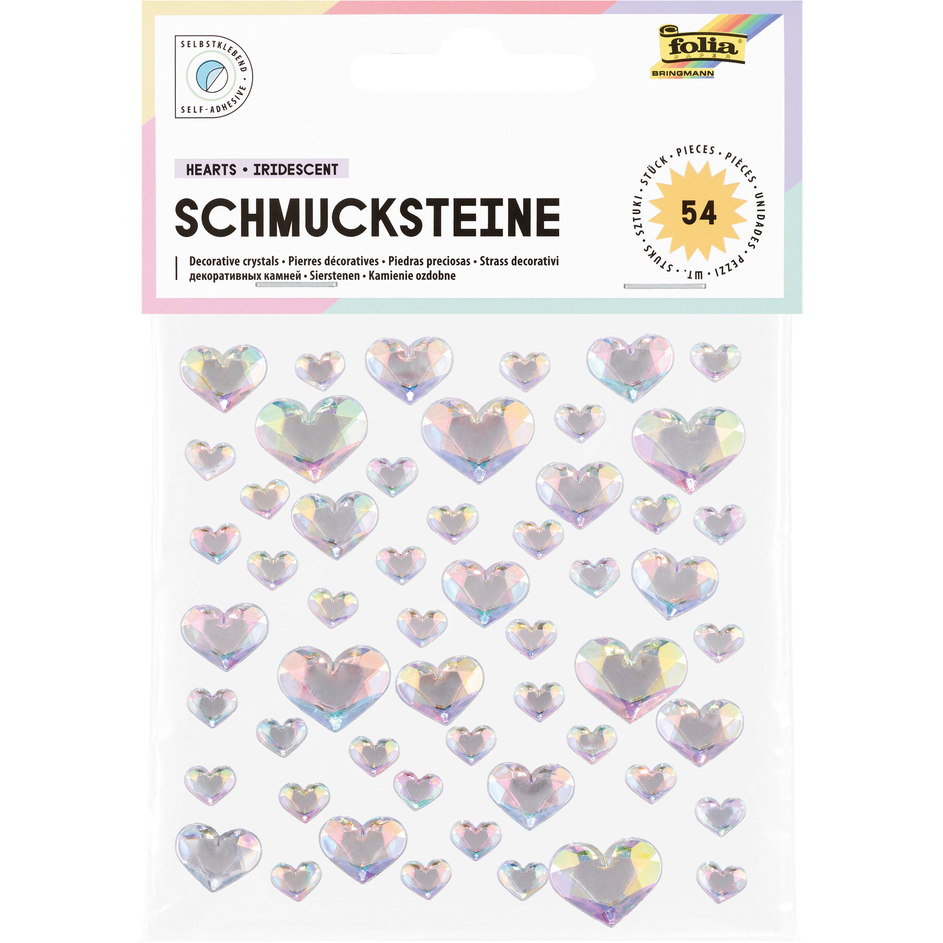 Folia Schmucksteine, Herzen, schillernd, 100 mm × 150 mm × 1 mm, selbstklebend