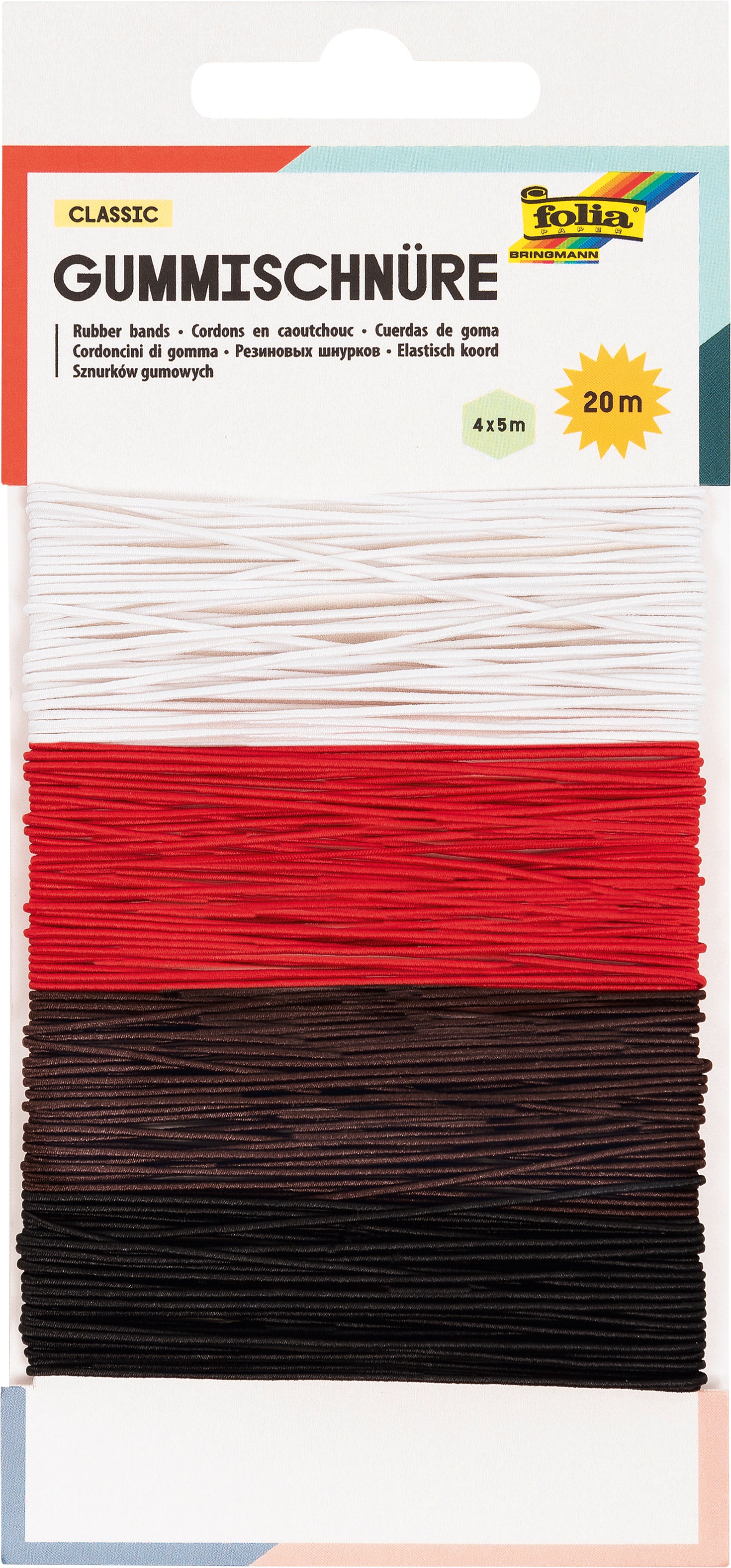 Folia Gummischnüre, weiss, rot, braun, schwarz, Ø 1,0 mm, 4 Stk. à 5 m