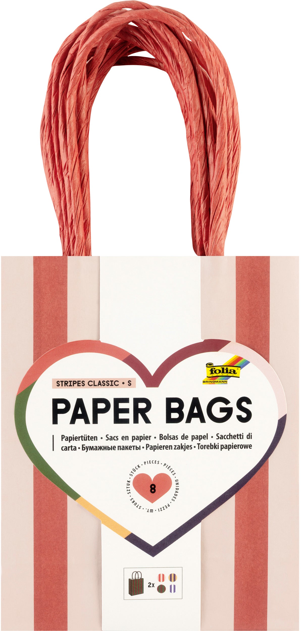 Folia Geschenktüten-Set 'Stripes Classic' – 12 × 15 cm, Papier, mit Papierhenkeln, mehrfarbig, 8 Stk.
