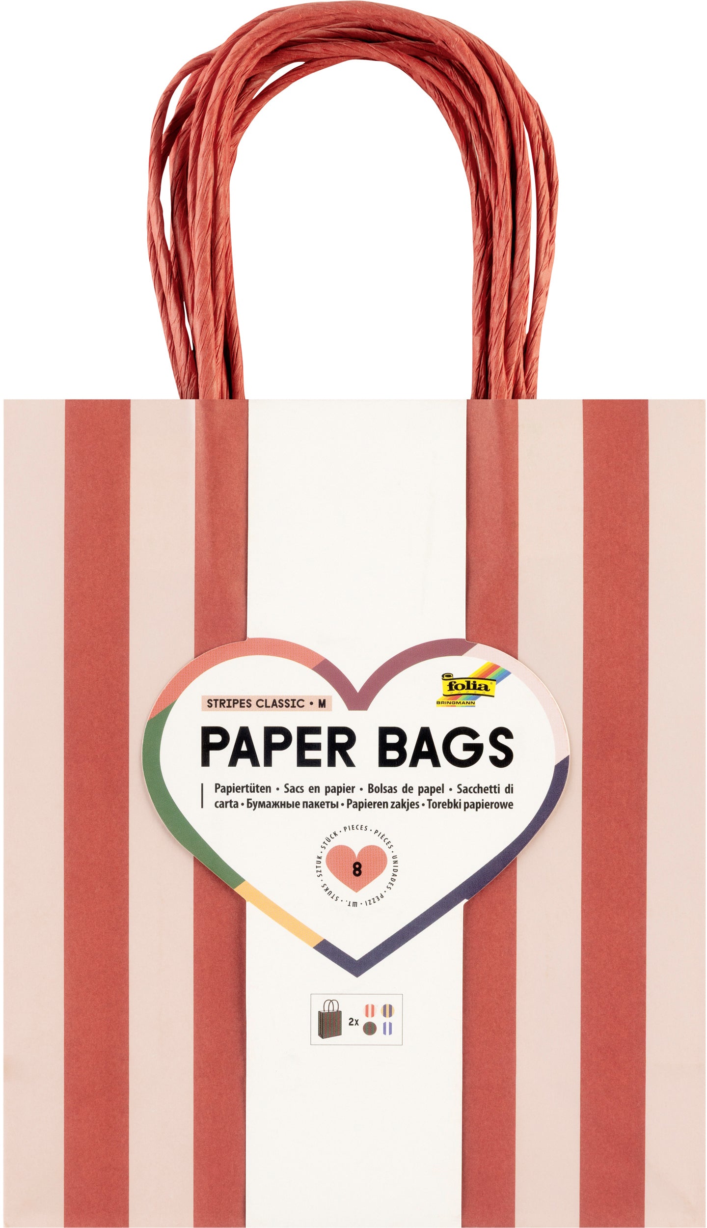 Folia Geschenktasche 'Stripes Classic' – 12 × 15 cm, Papier, mit Griff, mehrfarbig, mit Boden, 21825/8, 8 Stk