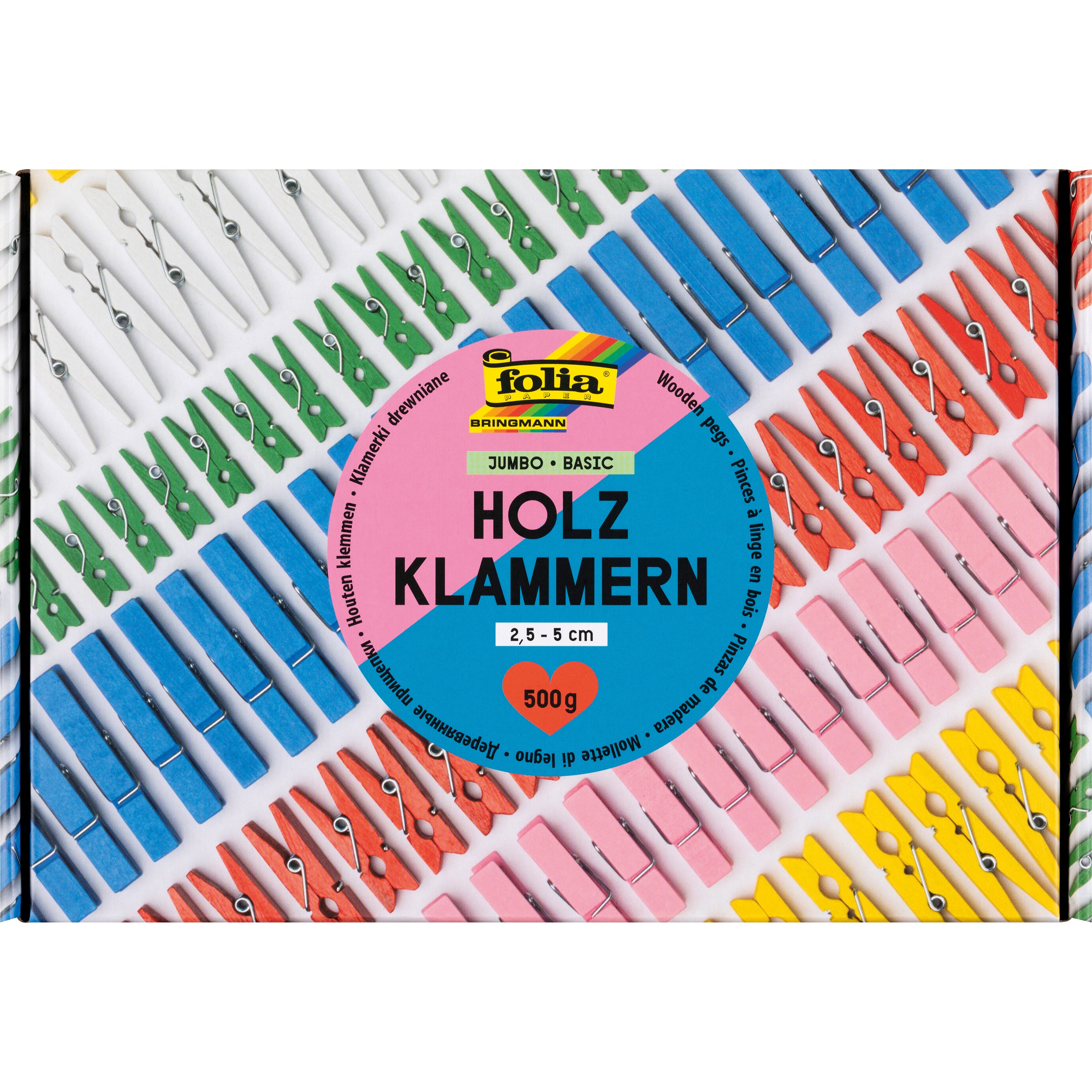 Folia Holzklammern, Mix, Weiss, Gelb, Orange, Rot, Rosa, Blau, Grün, 25–50 mm, 500 g, Jumbobox
