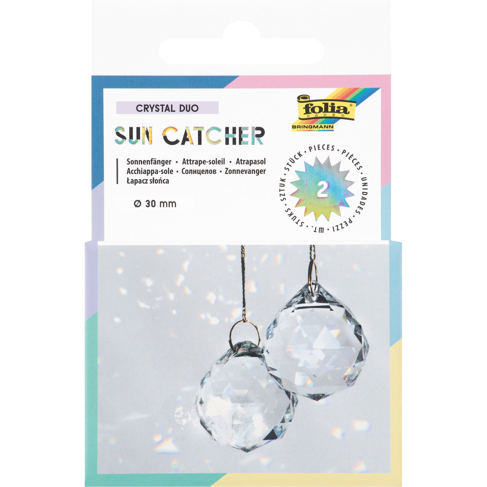 Folia Kristall Sun Catcher CRYSTAL DUO, geschliffenes Glas, Ø 30 mm, Set à 2, inkl. 8 m Goldgarn