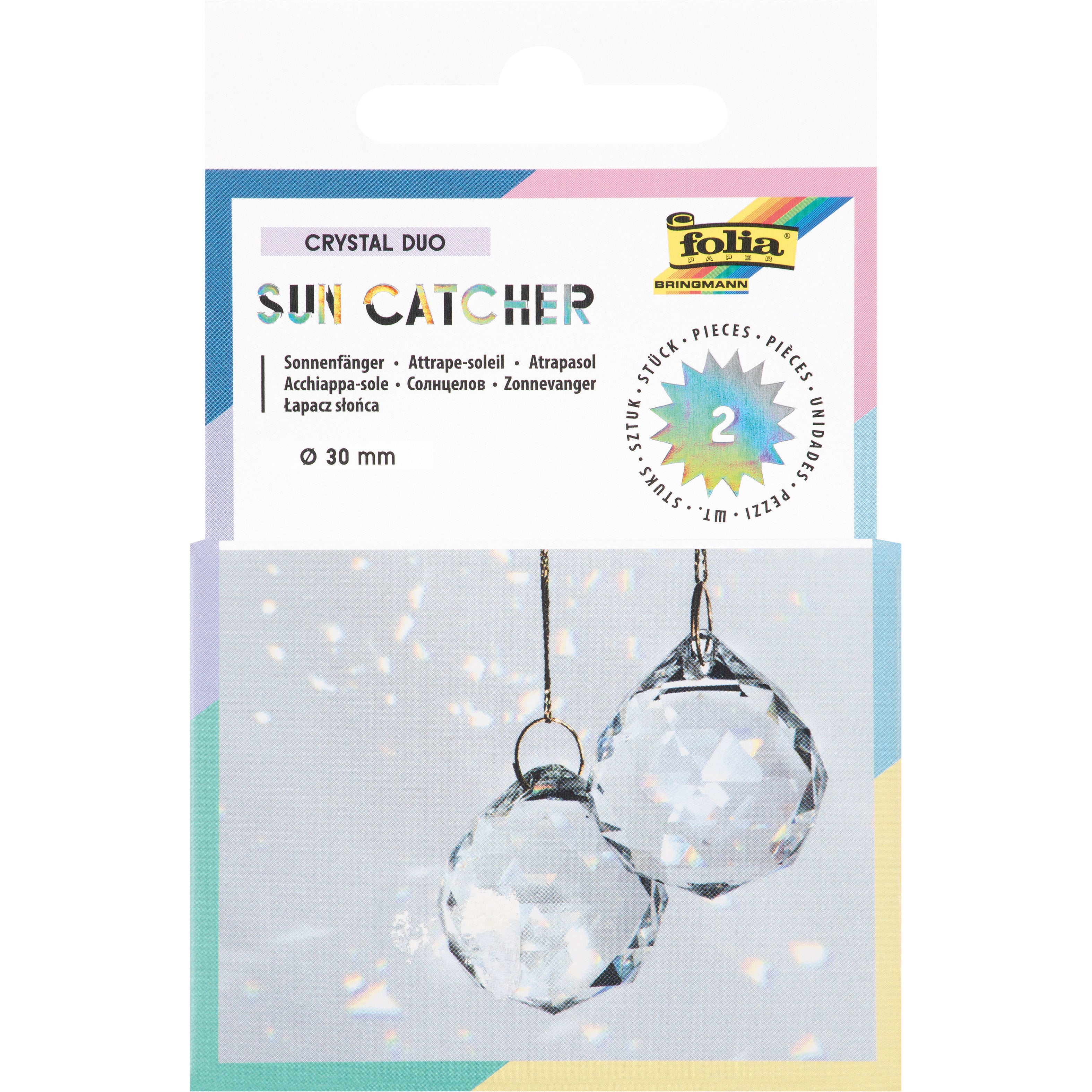 Folia Kristall Sun Catcher CRYSTAL DUO, geschliffenes Glas, Ø 30 mm, Set à 2, inkl. 8 m Goldgarn