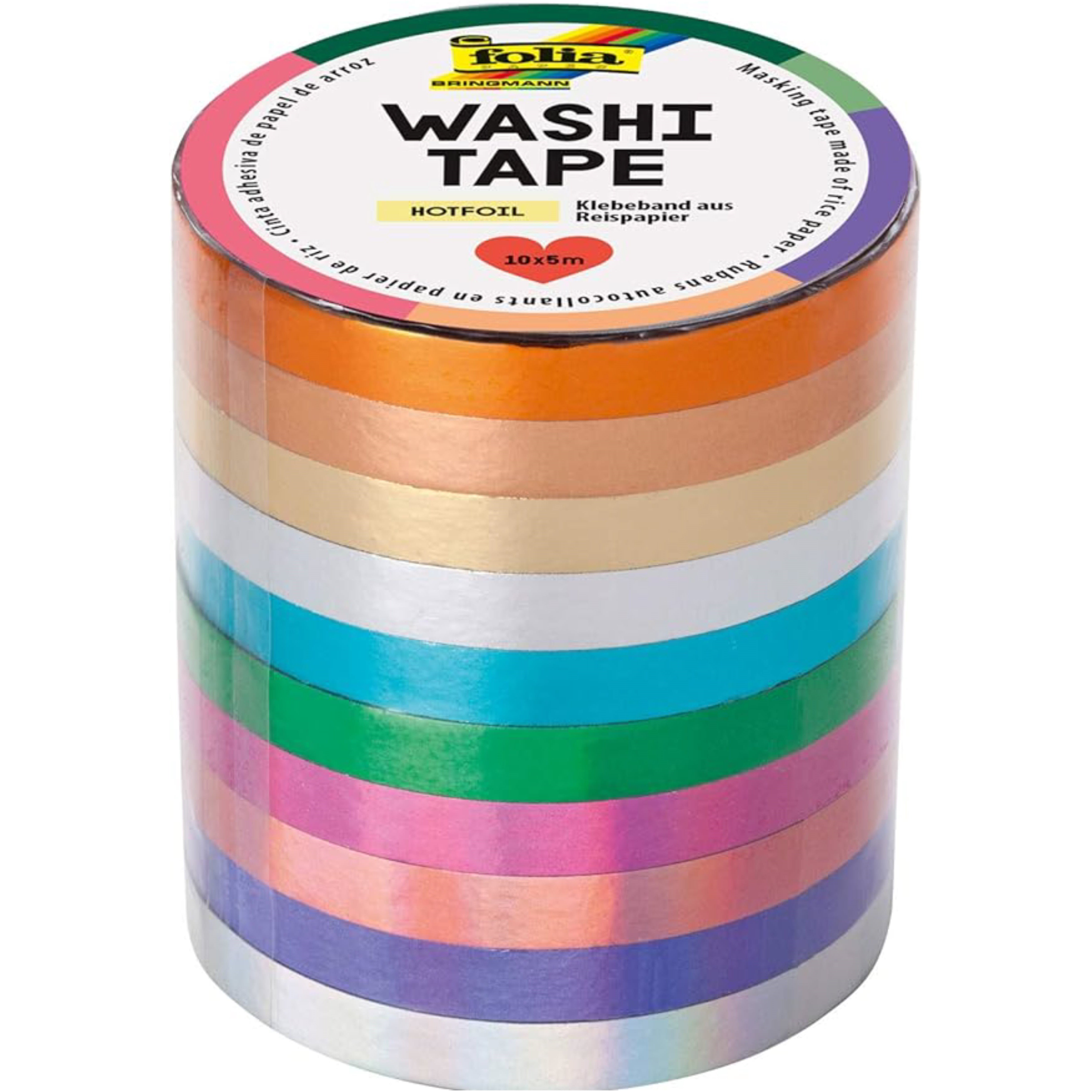 Folia Washi Tape, Heissfolie, 5 mm × 5 m, Set mit 10 Rollen, Mehrfarbig