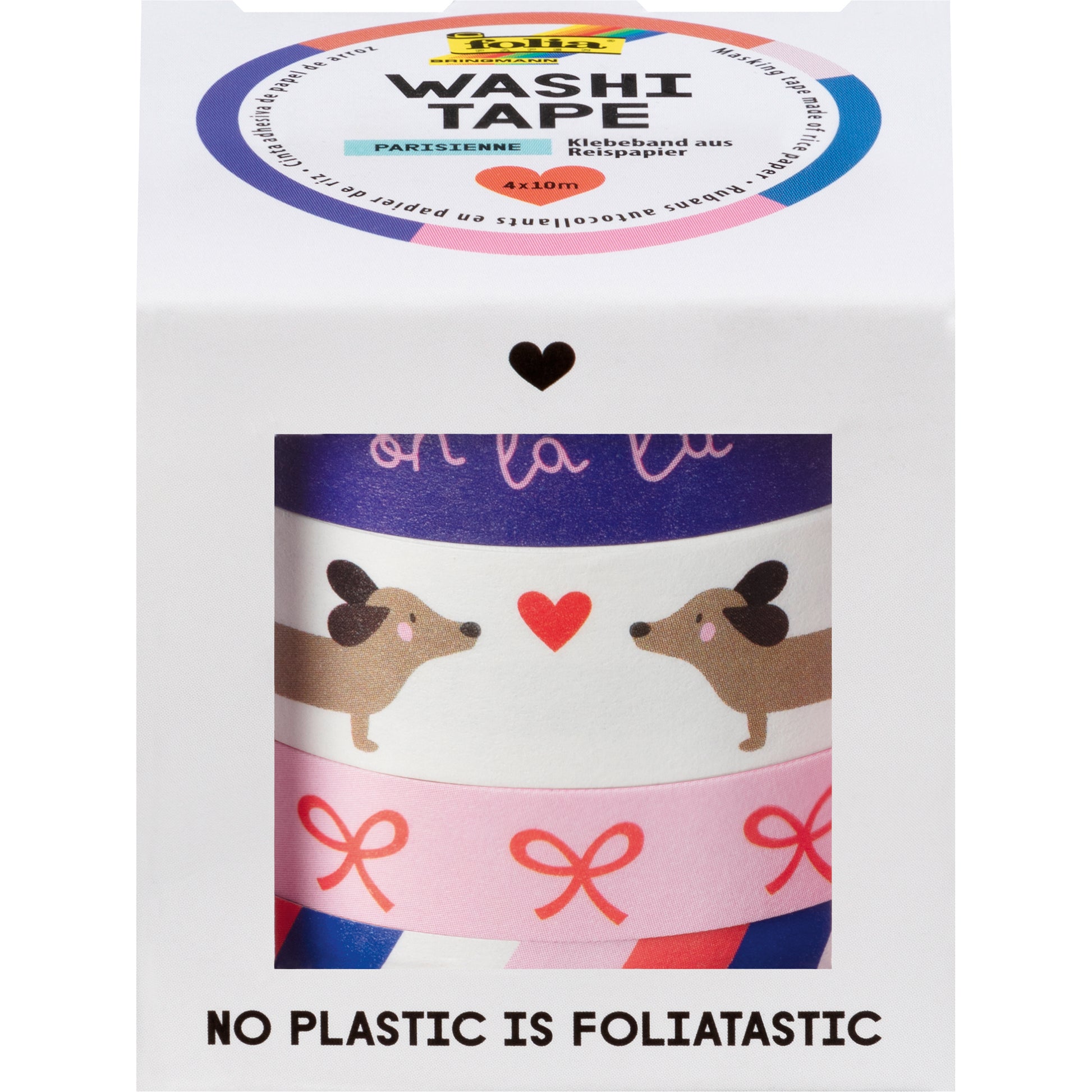 Folia Washi Tape Set – Breitenmix 10/15 mm × 10 m, Mehrfarbig, Papier, Wiederablösbar, 4 Rollen