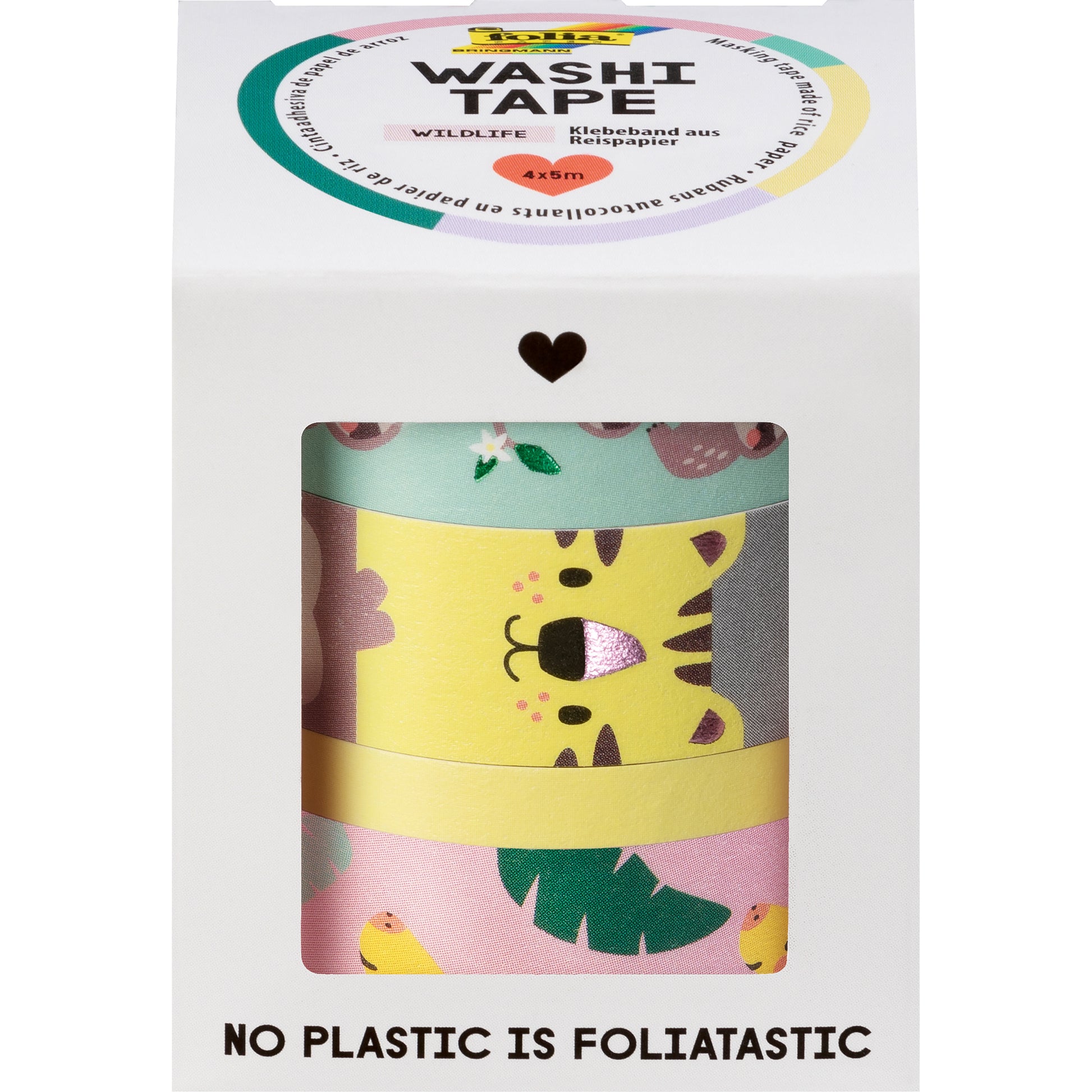 Folia Hotfoil Wildlife Washi Tape – Breitenmix 5/15 mm × 5 m, mehrfarbig, Papier, 4 Rollen