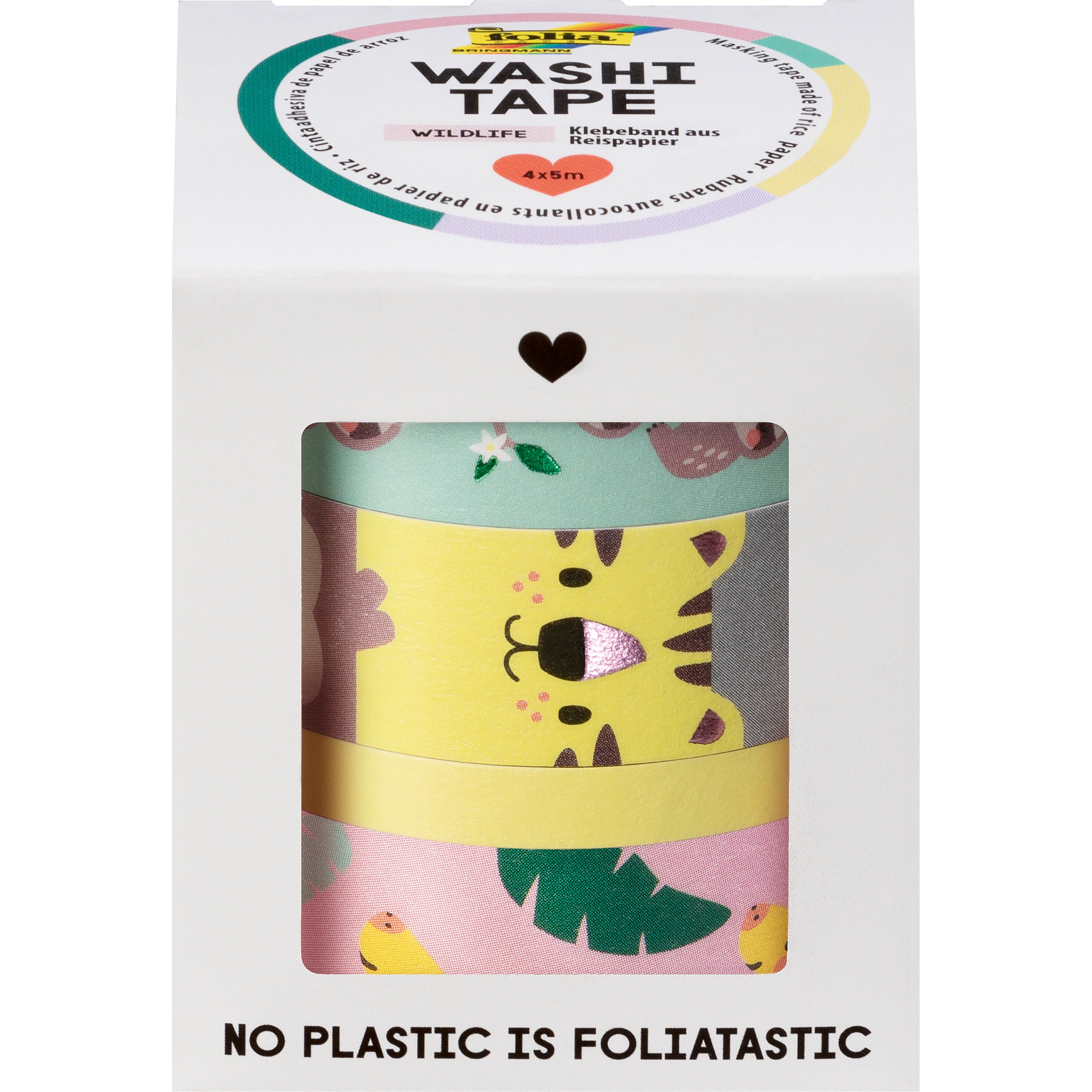 Folia Hotfoil Wildlife Washi Tape – Breitenmix 5/15 mm × 5 m, mehrfarbig, Papier, 4 Rollen