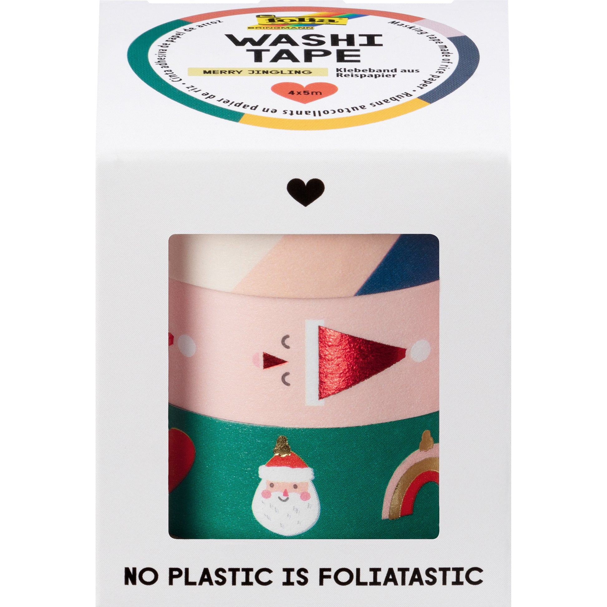Folia Merry Jingling Washi Tape – Breitenmix 15/5 mm × 5 m, Mehrfarbig, Papier, Heissfolien-Veredelung, 4 Rollen