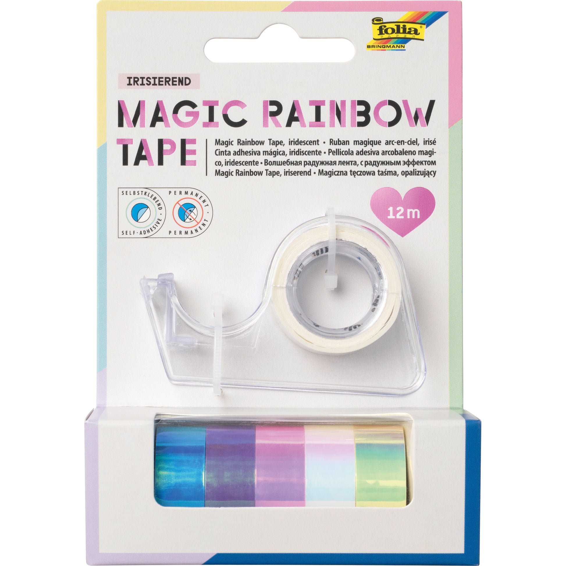 Folia Magic Rainbow Washi Tape – 12 mm × 2 m, mehrfarbig, irisierend, selbstklebend, 6 Rollen