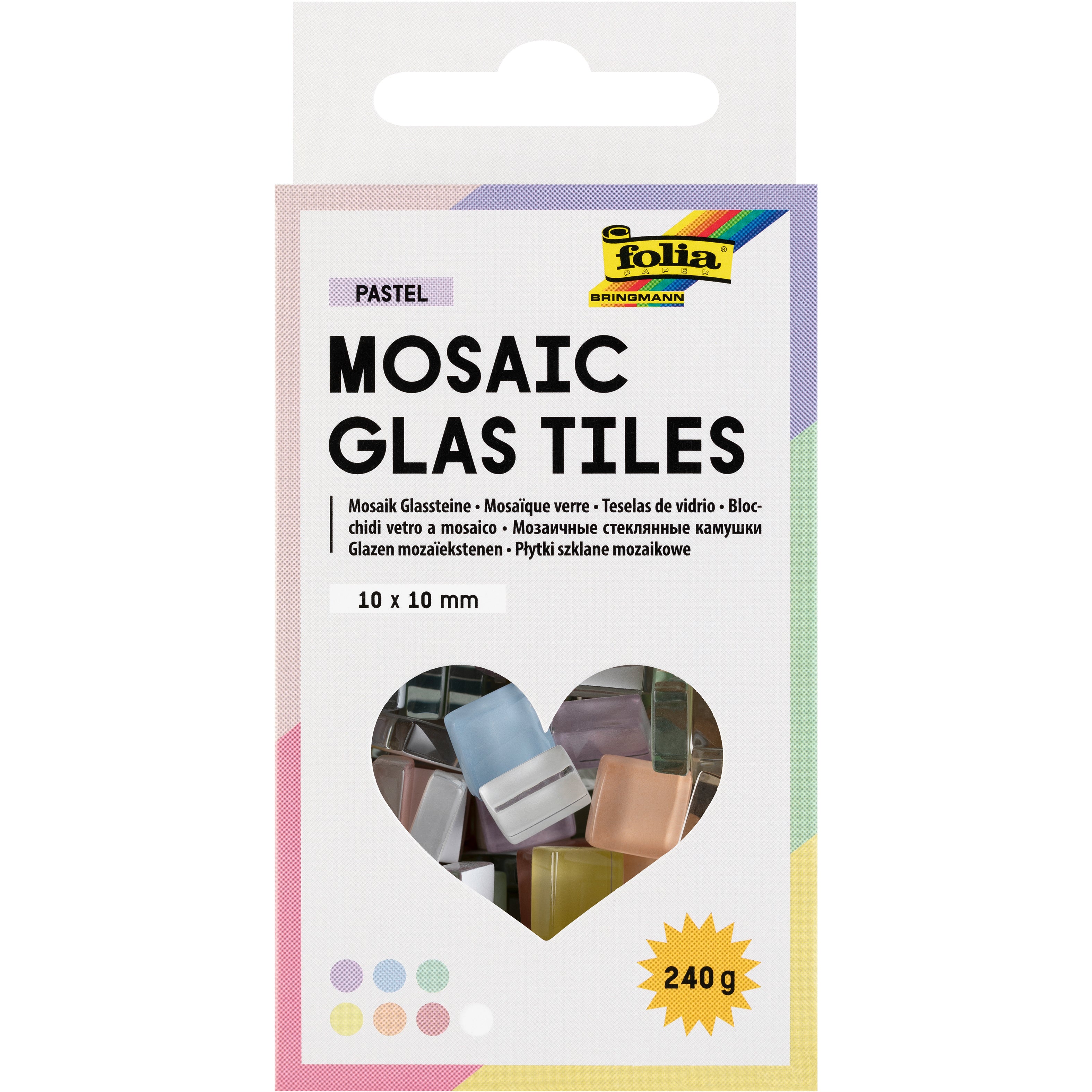 Folia Mosaik-Glassteine, Lila, Blau, Grün, Gelb, Orange, Rot, Weiss, 10 × 10 mm, 300 Stk., 240 g