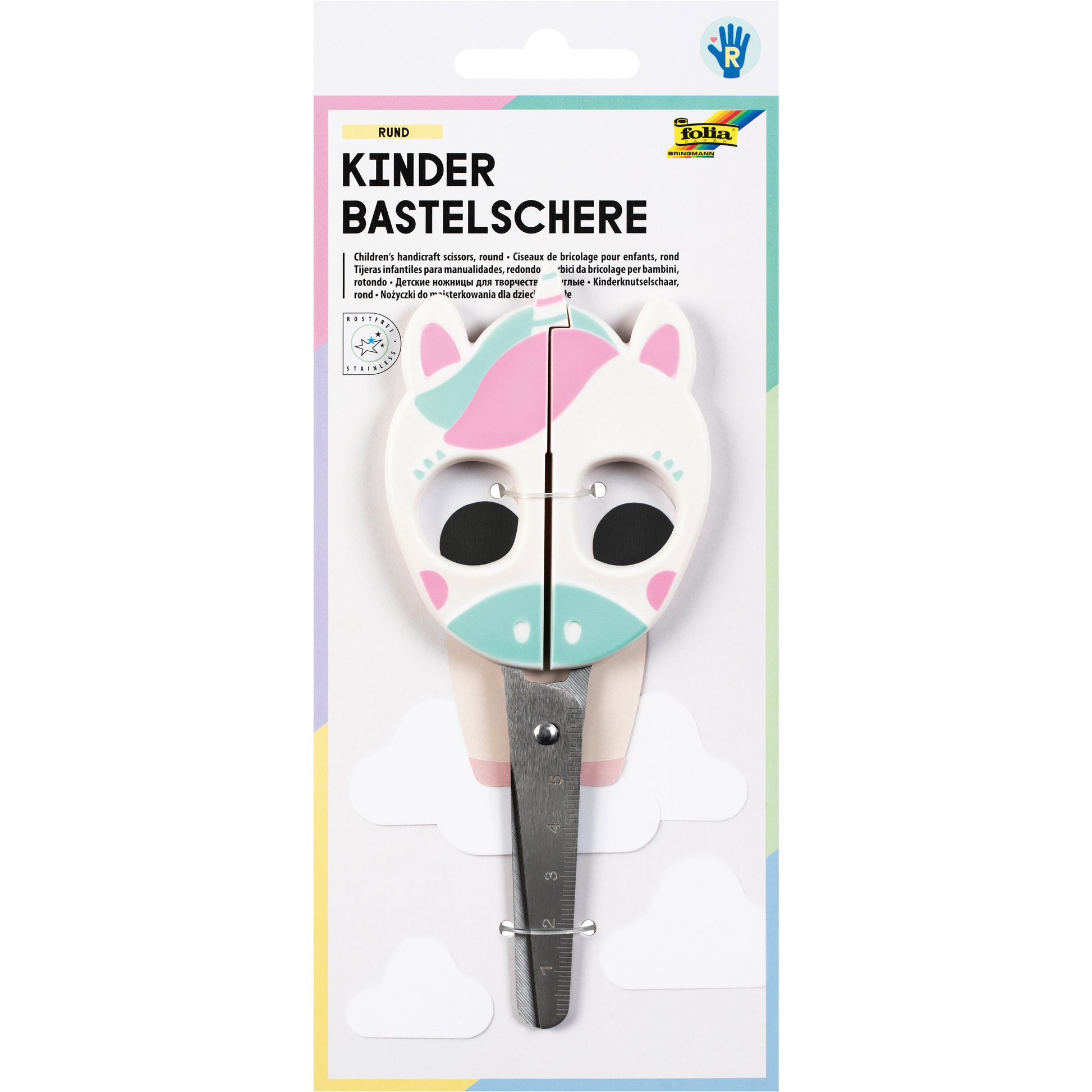 Folia Unicorn Kinderschere 16,0 cm, abgerundet, für Rechtshänder – Edelstahl, Einhorn-Motiv, Softgrip