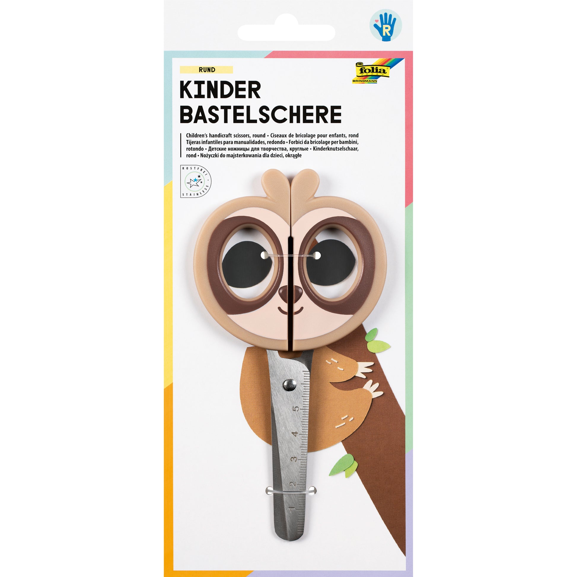Folia Faultier Kinderschere 16,0 cm, abgerundet, für Rechtshänder – Edelstahl, Faultier-Motiv, weicher Griff