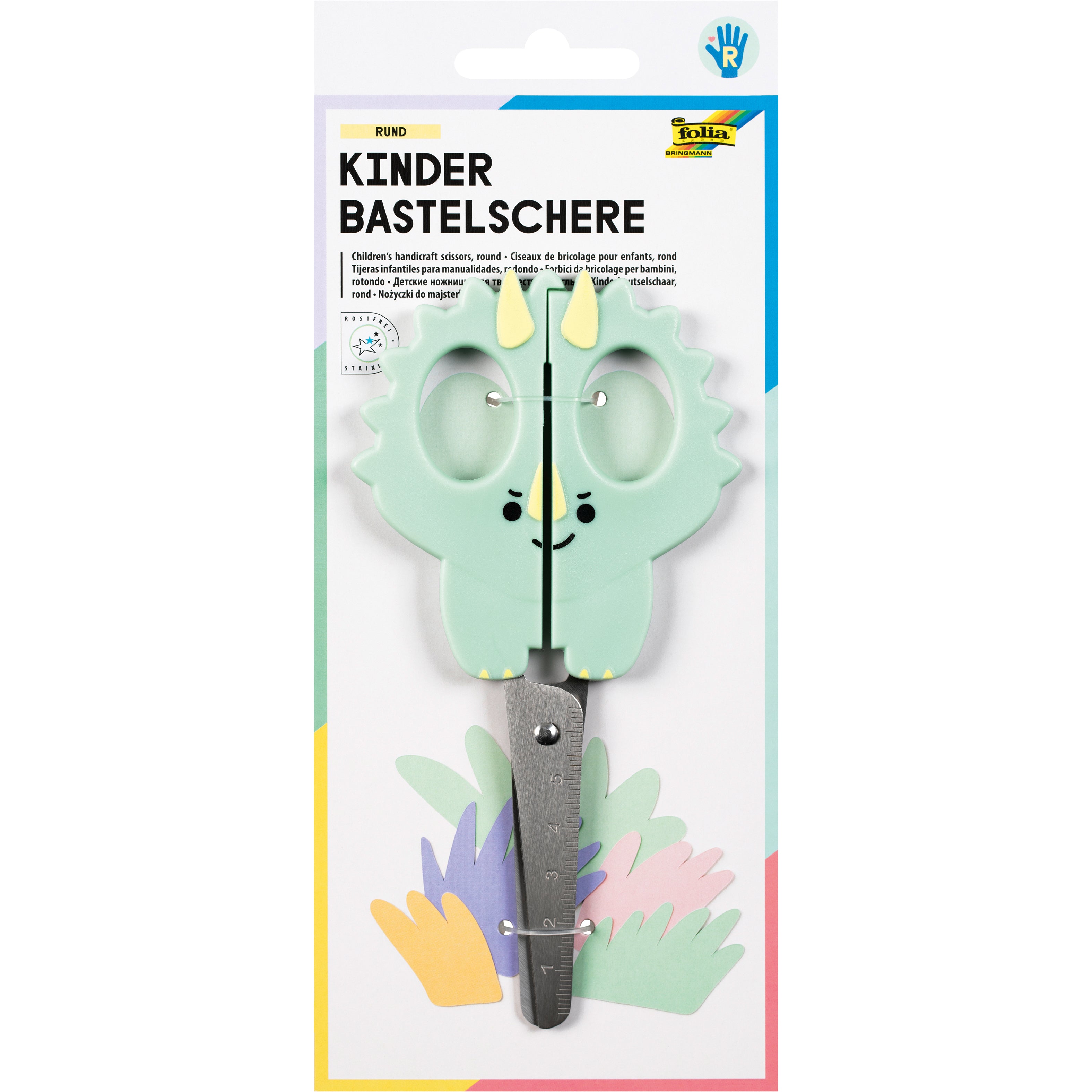 Folia Kinderschere 16,0 cm, abgerundet, für Rechtshänder – Edelstahl, Dinosaurier-Motiv, weicher Griff