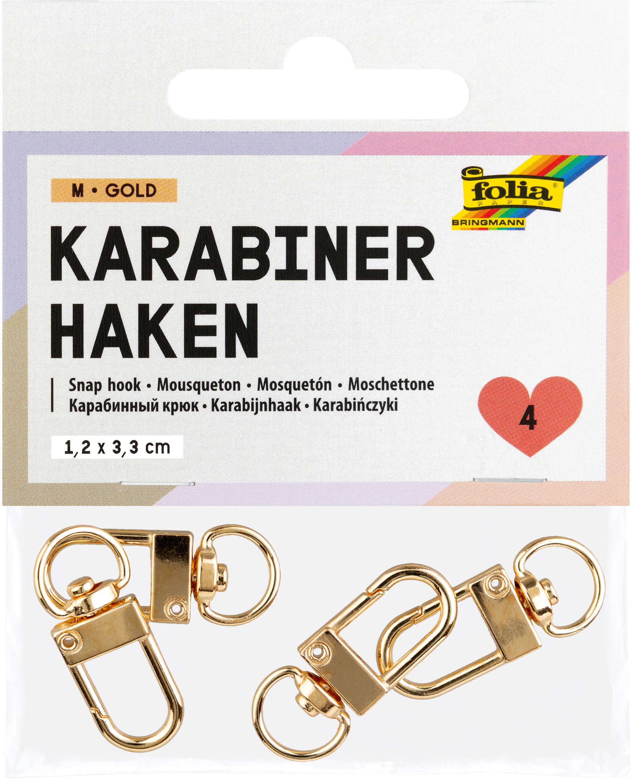 Folia Karabinerhaken M, 1,2 × 3,3 cm, gold