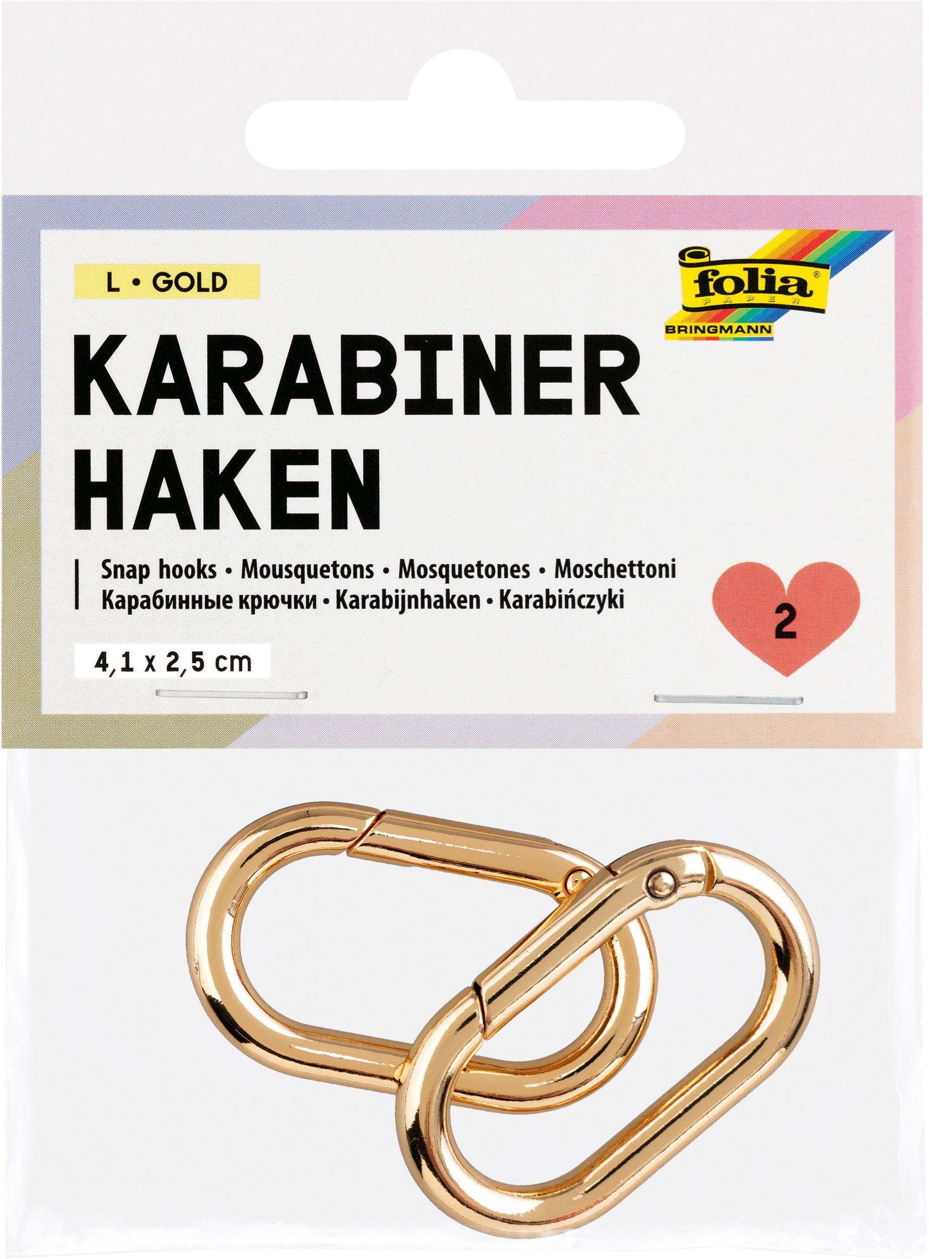 Folia Karabinerhaken, Gold, Grösse L, 4,1 × 2,5 cm, 2 Stk