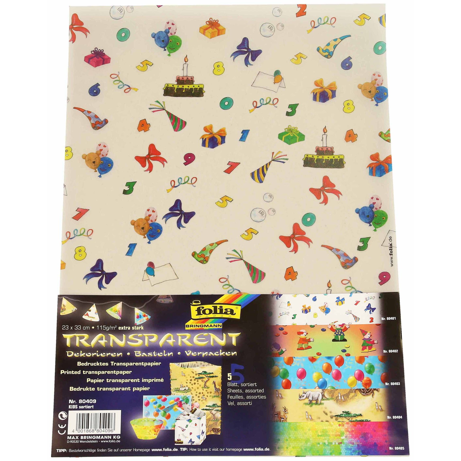Folia Transparentpapier Kids – 24,2 × 34,2 cm, assortiert, 5 Blatt