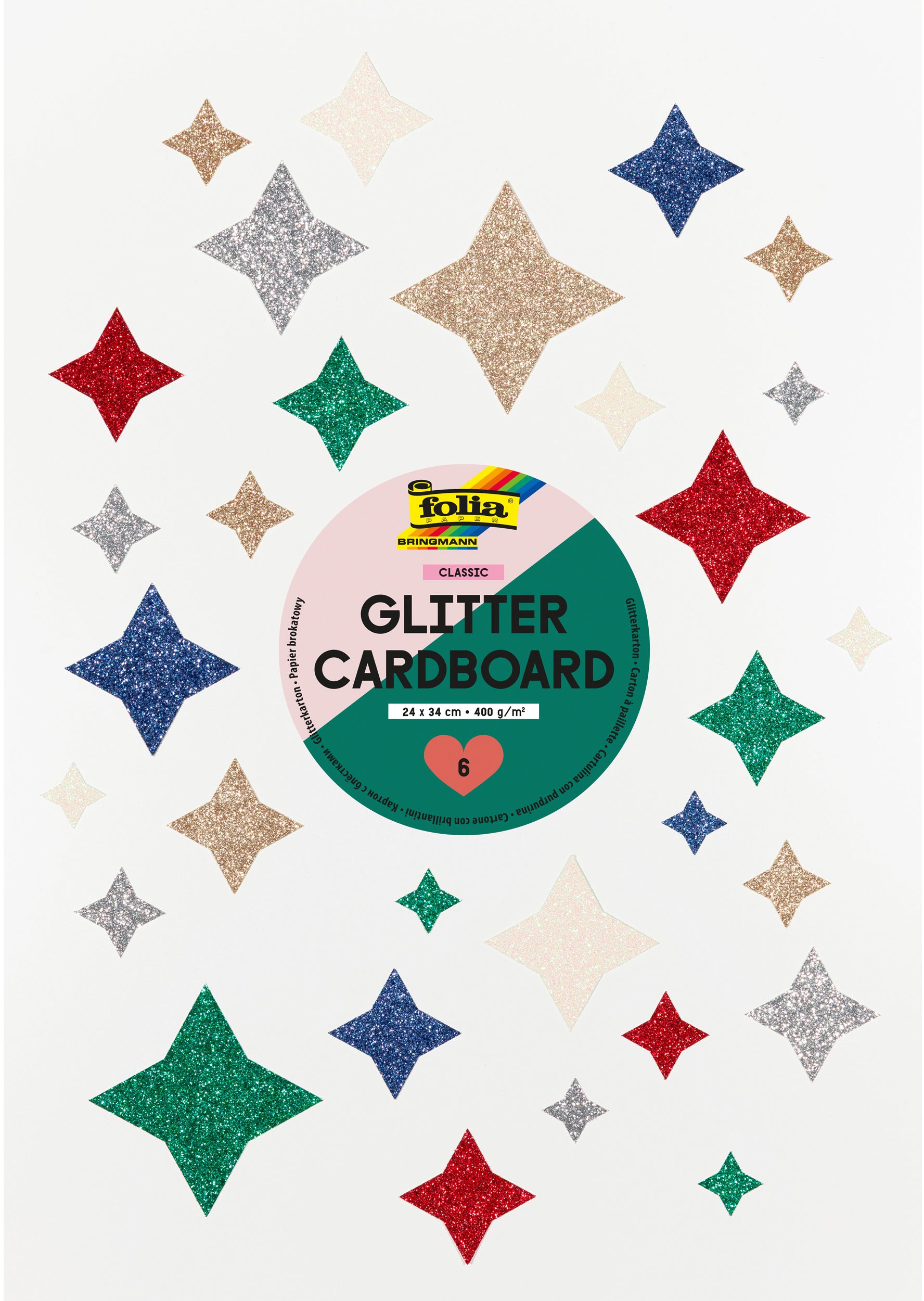 Folia Glitterkarton Classic – 24 × 34 cm, sortiert, 300 g/m²