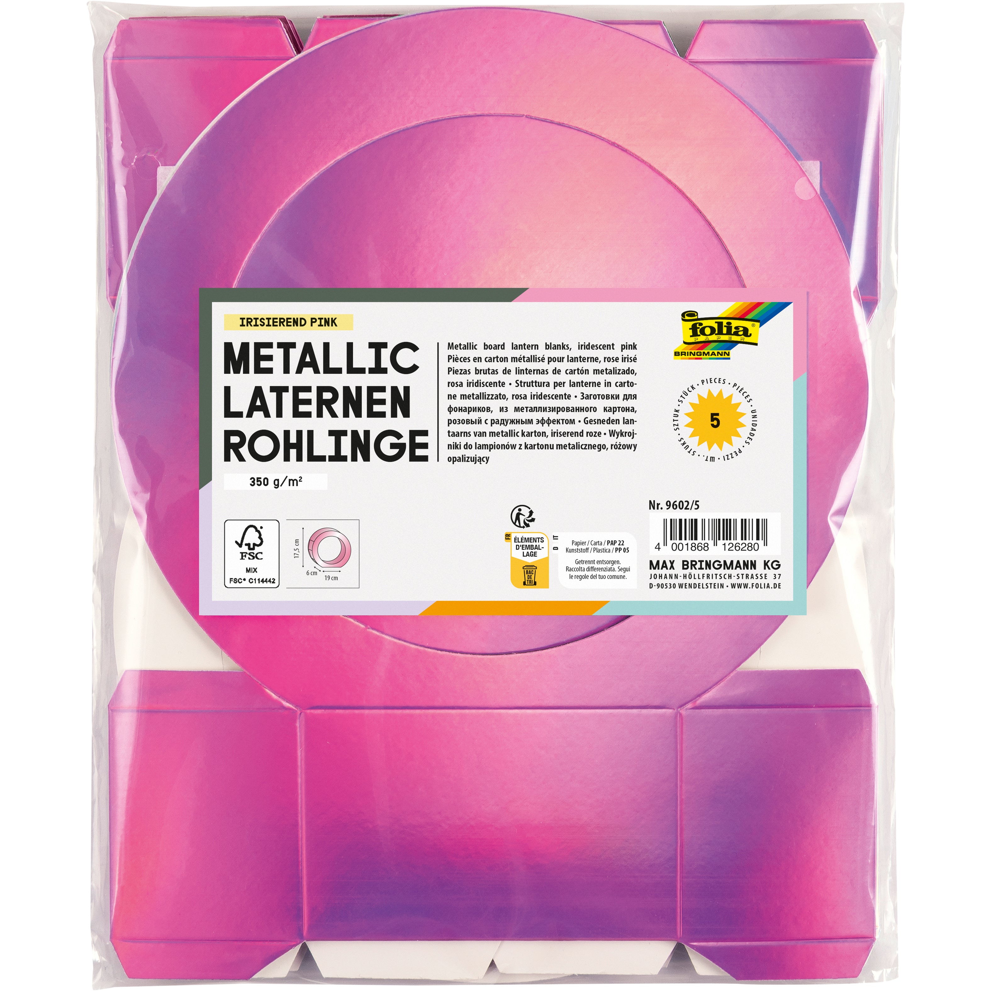 Folia Pappmaché-Rohling, irisierend pink, 20 × 24,5 × 0,4 cm, 163 g, 5 Stk., 9602/5