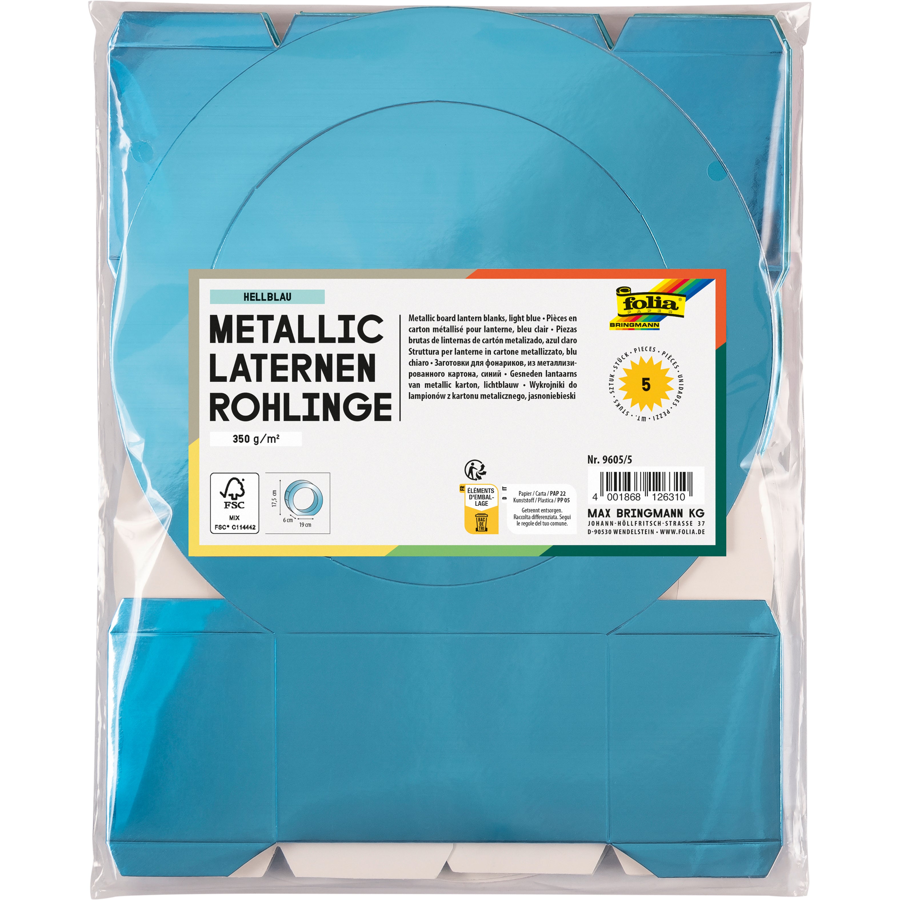 Folia Laternenrohling, Metallic, Hellblau, 20 × 25,2 cm, 4 mm, 5 Stk., 9605/5
