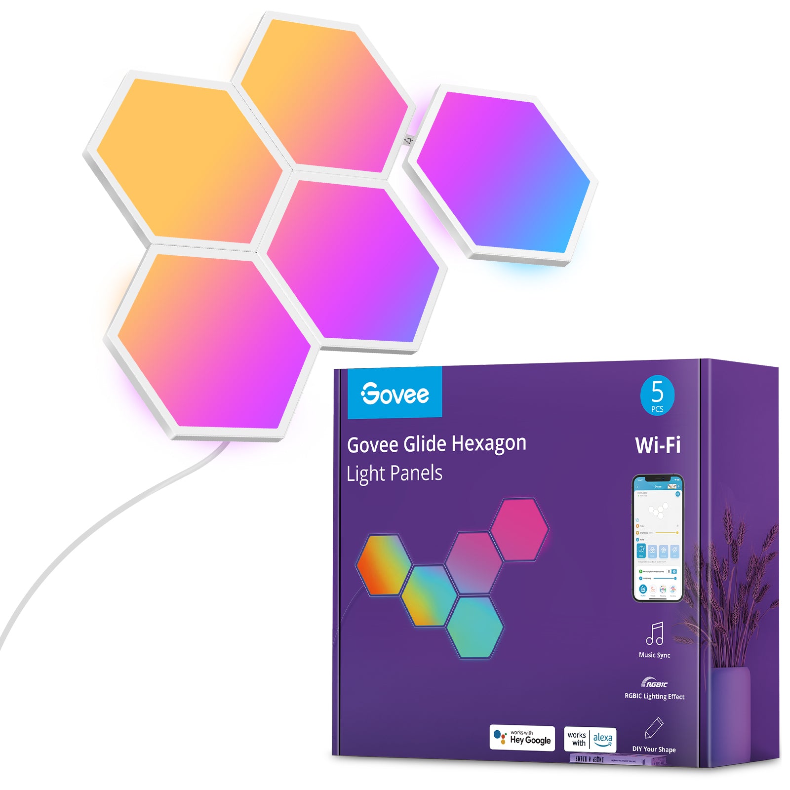 Govee Leuchtpaneele Glide Hexa – 5 Stk., RGBIC, WiFi/BT, für Alexa/Google/HomeKit, Musik-Sync